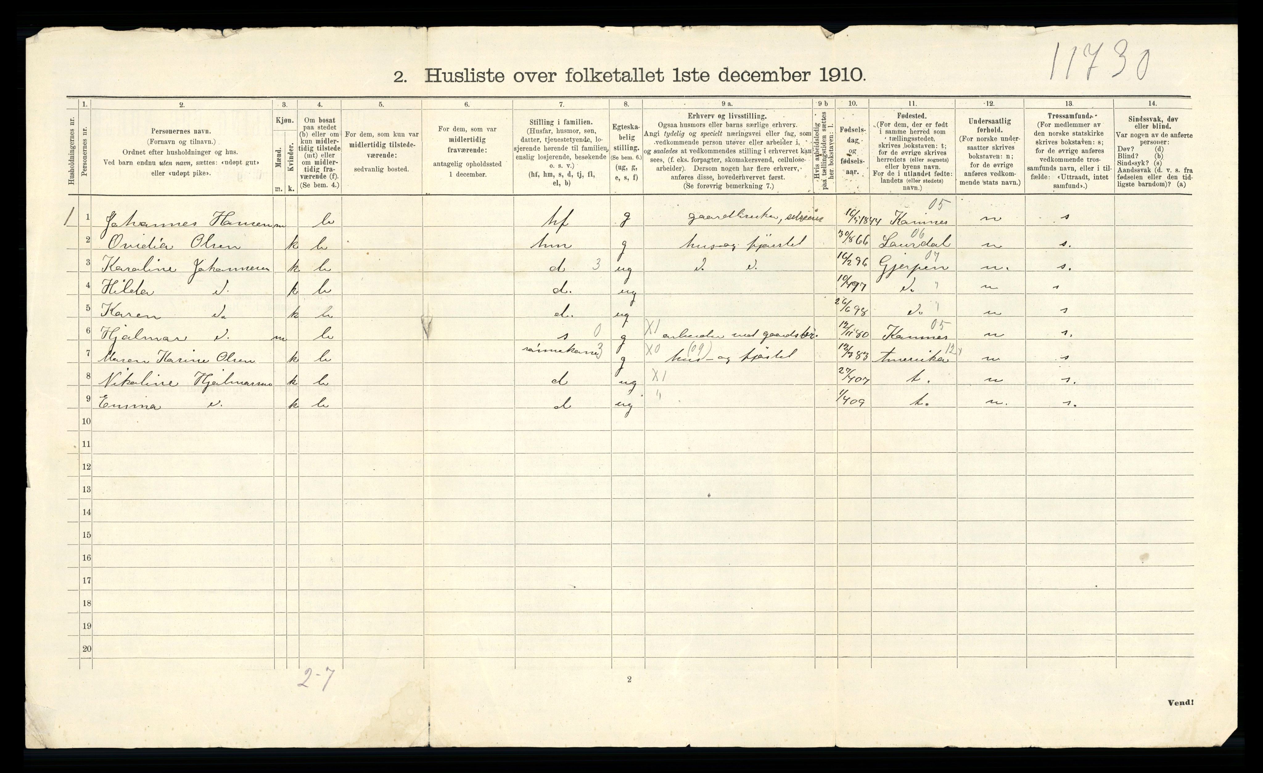 RA, 1910 census for Andebu, 1910, p. 52