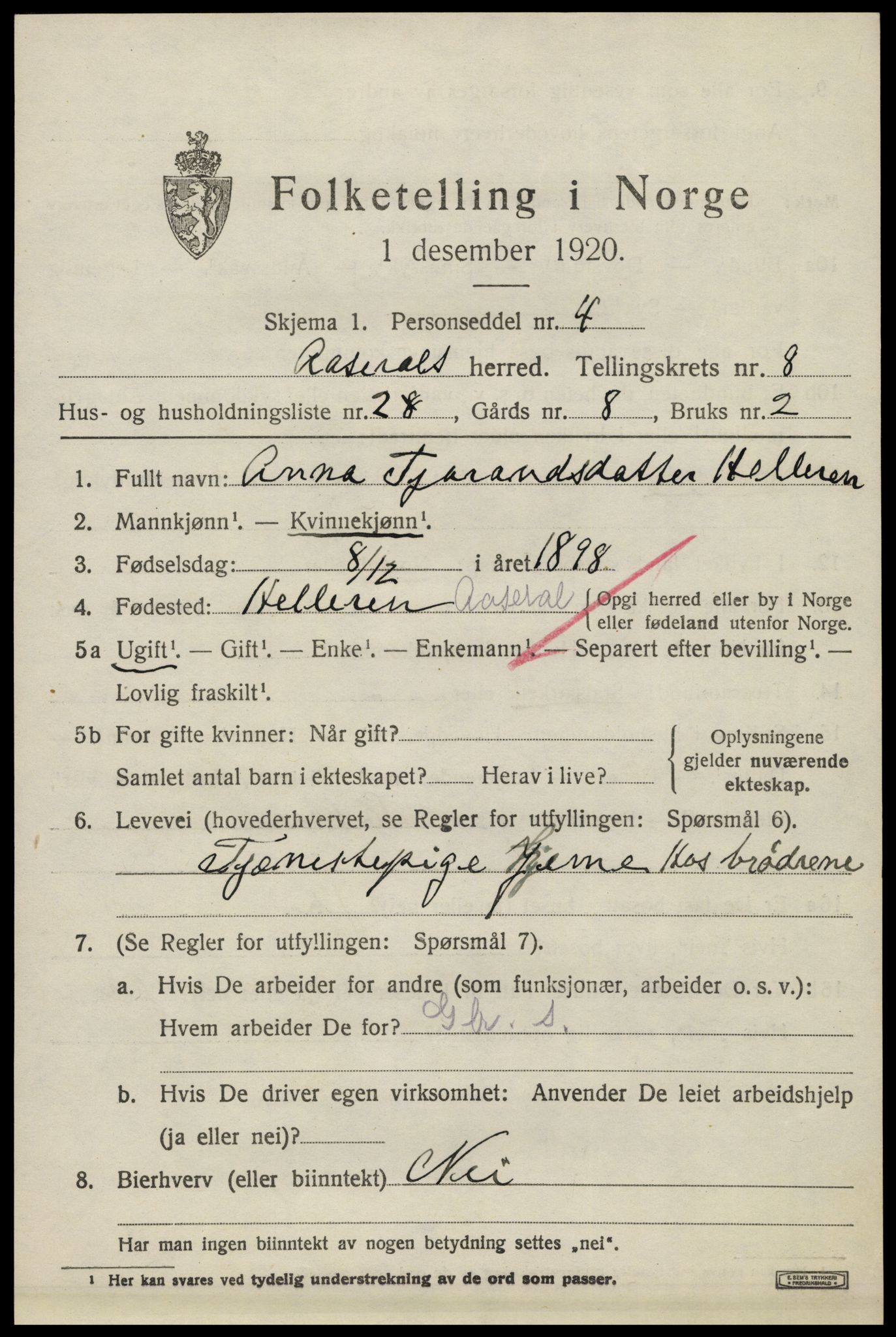 SAK, 1920 census for Åseral, 1920, p. 2456