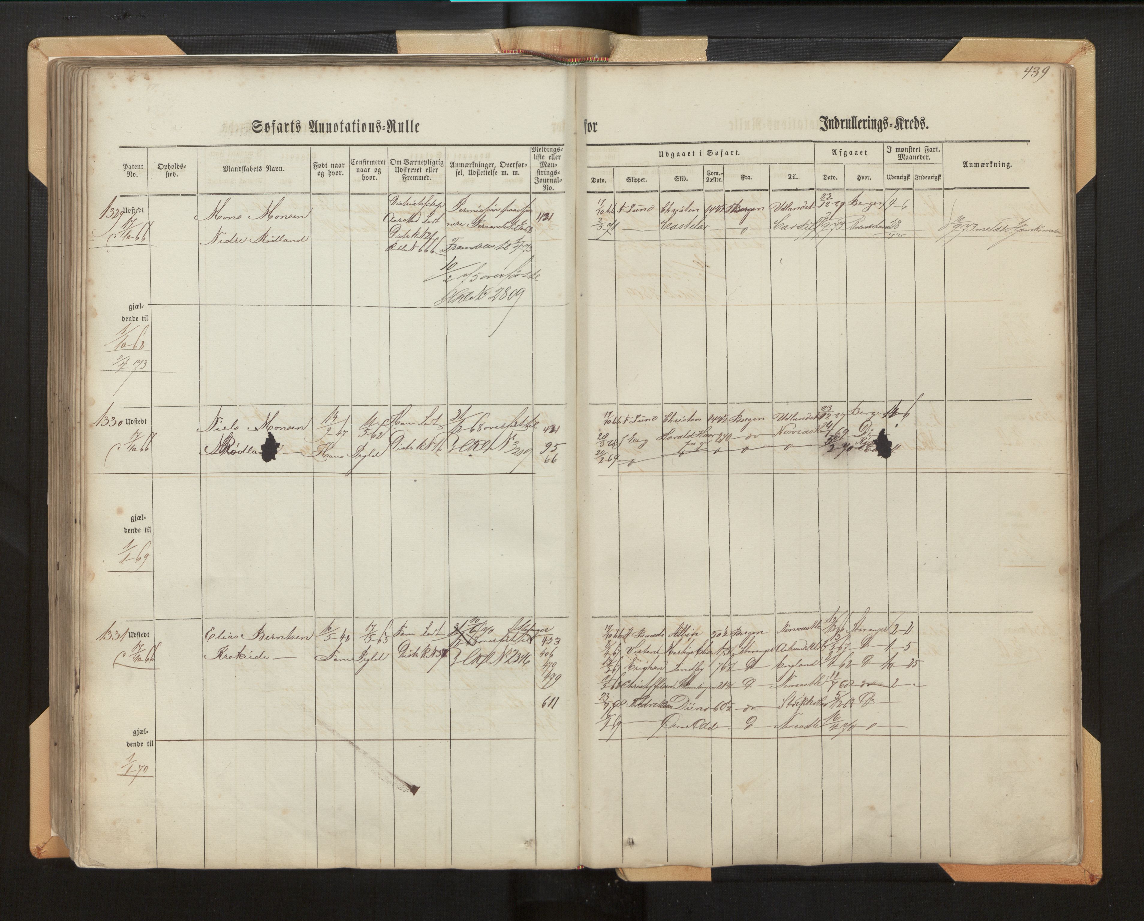 Innrulleringssjefen i Bergen, AV/SAB-A-100050/F/Fh/L0006: Sjøfarts- og annotasjonsrulle for Bergen krets, fol. 239 - ut, 1860-1867, p. 439