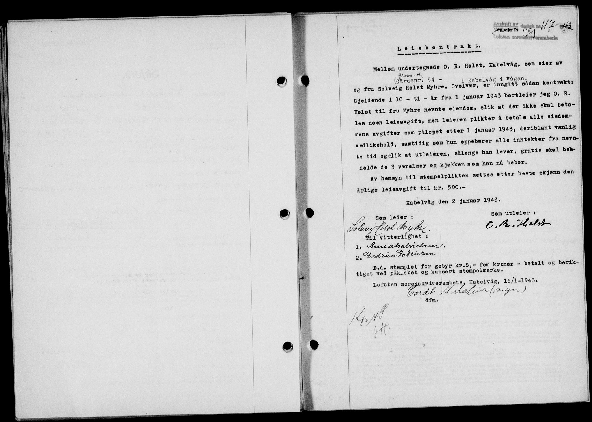 Lofoten sorenskriveri, SAT/A-0017/1/2/2C/L0010a: Mortgage book no. 10a, 1942-1943, Diary no: : 47/1943
