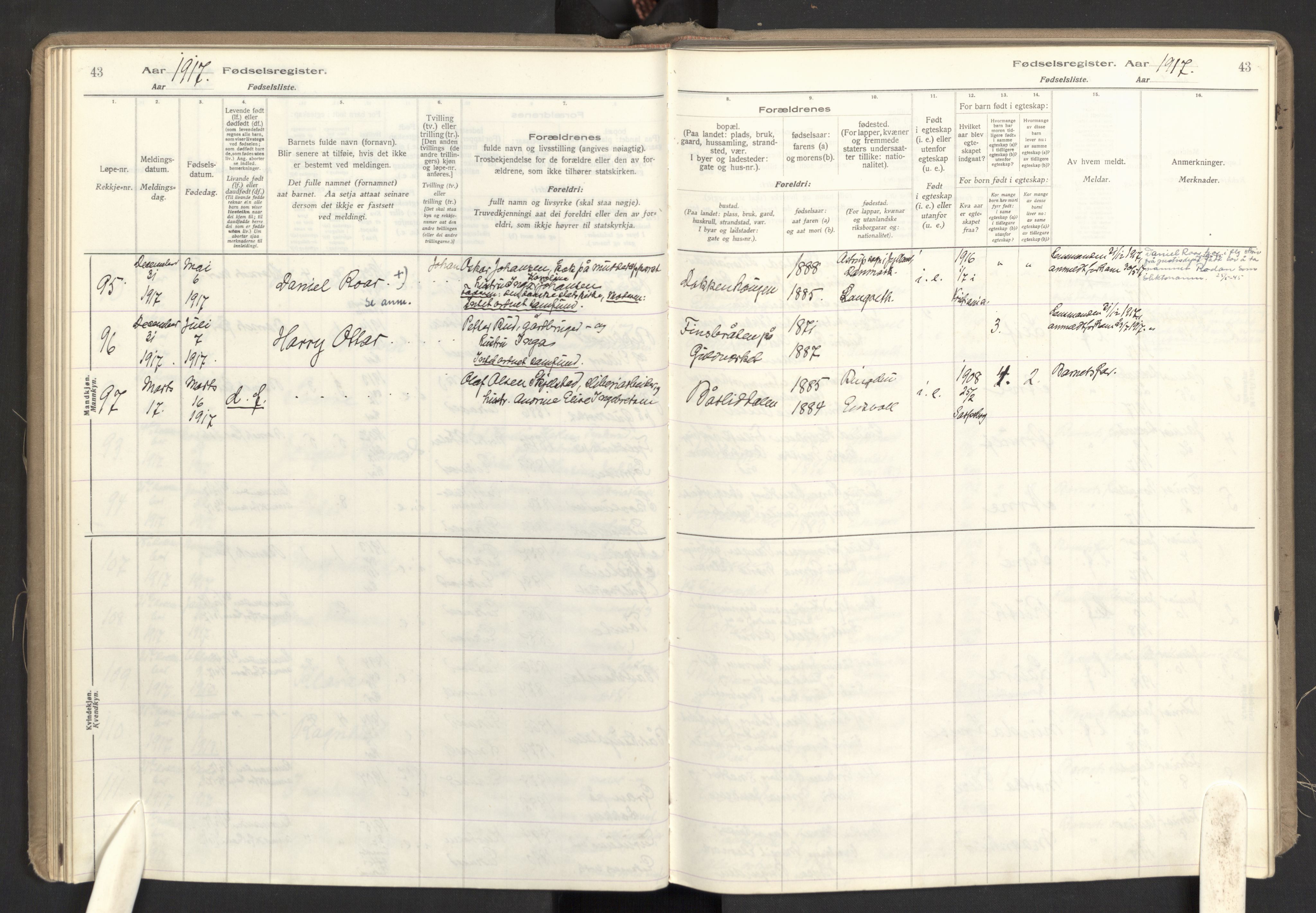 Eidsvoll prestekontor Kirkebøker, SAO/A-10888: Birth register no. I 1, 1916-1924, p. 43