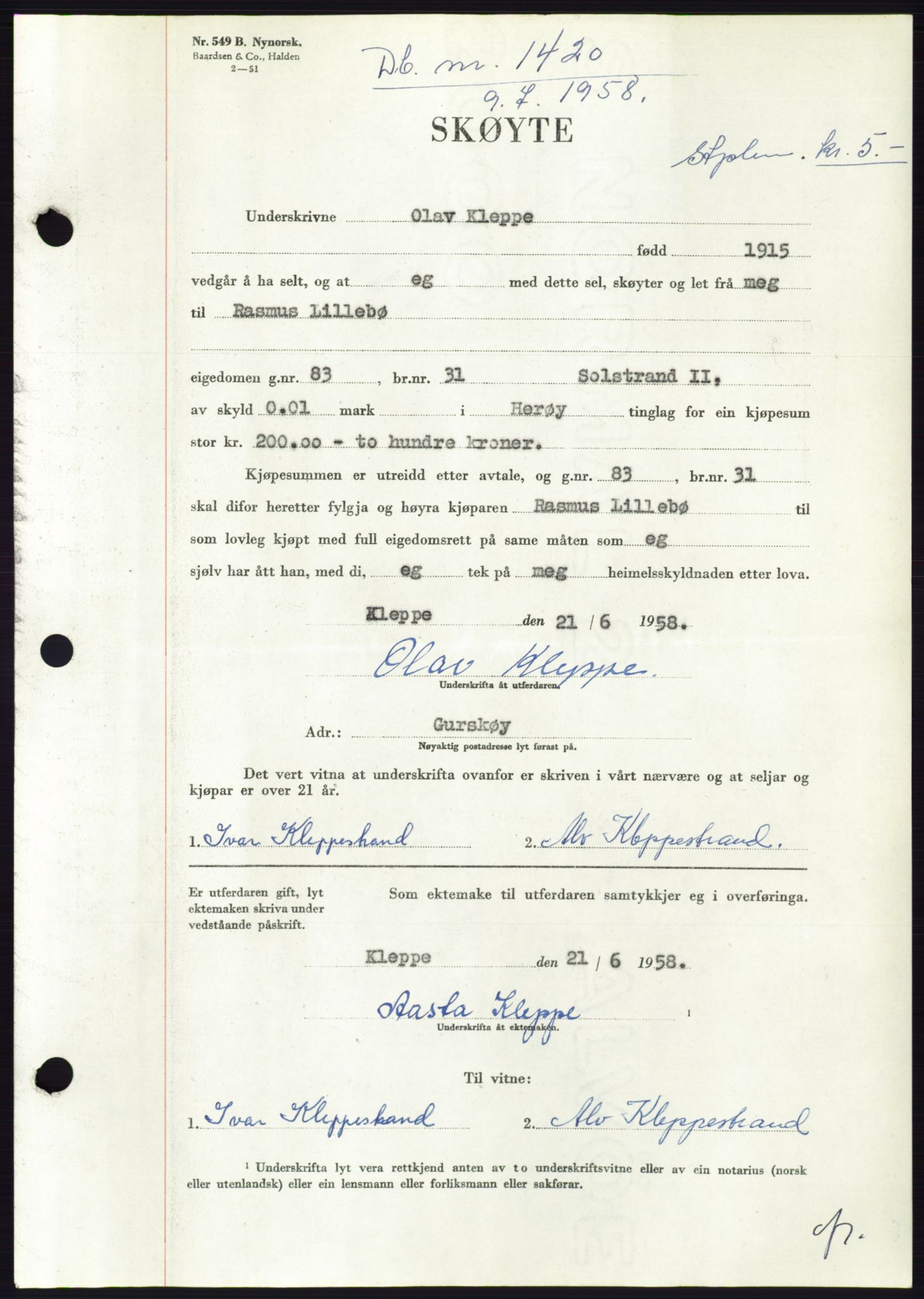 Søre Sunnmøre sorenskriveri, AV/SAT-A-4122/1/2/2C/L0110: Mortgage book no. 36A, 1958-1958, Diary no: : 1420/1958