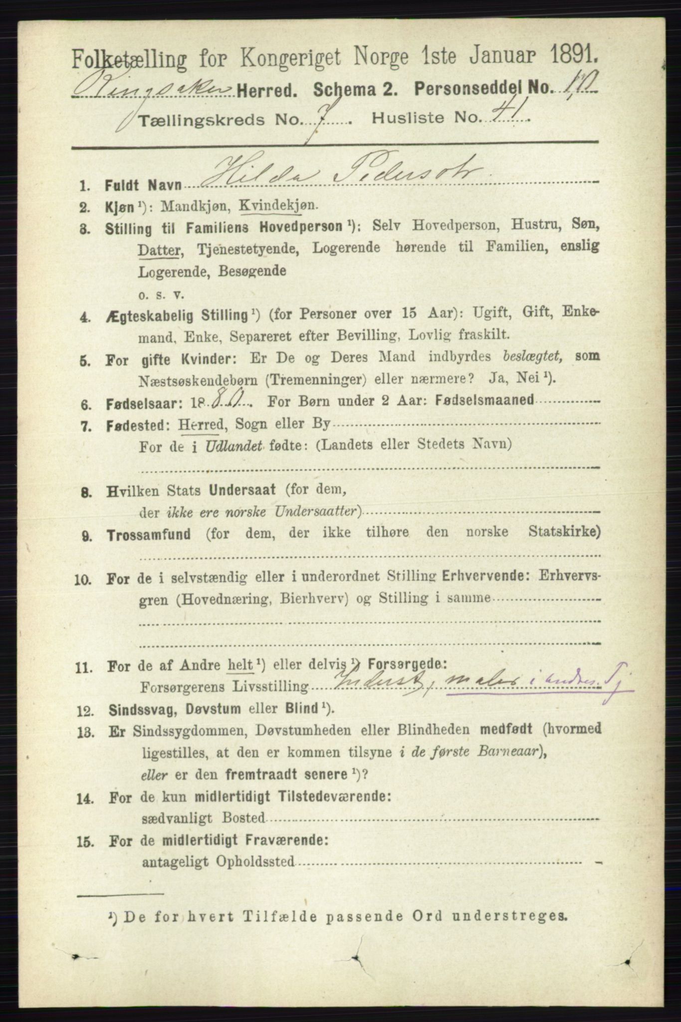 RA, 1891 census for 0412 Ringsaker, 1891, p. 4172