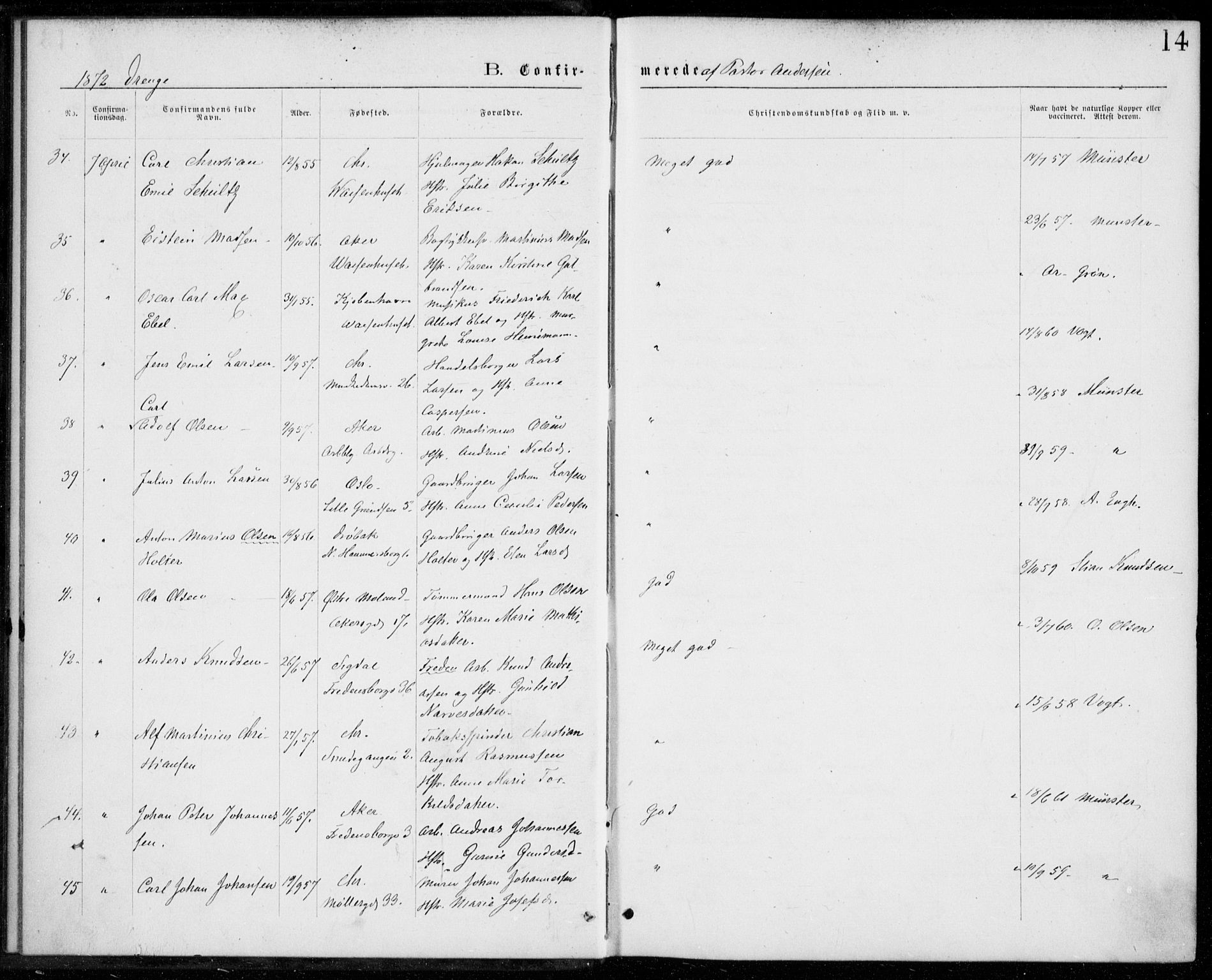 Trefoldighet prestekontor Kirkebøker, AV/SAO-A-10882/F/Fb/L0002: Parish register (official) no. II 2, 1871-1880, p. 14