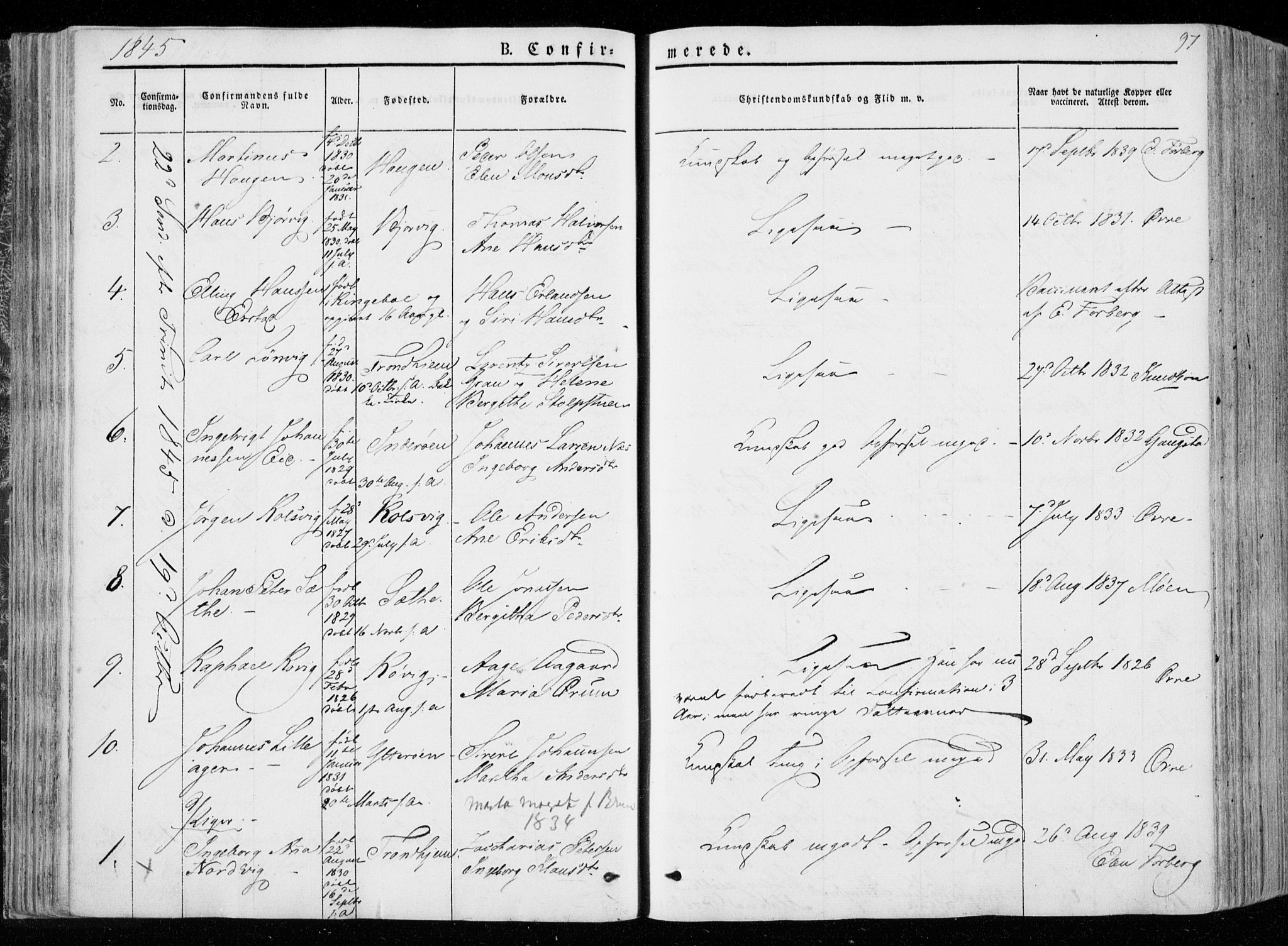 Ministerialprotokoller, klokkerbøker og fødselsregistre - Nord-Trøndelag, SAT/A-1458/722/L0218: Parish register (official) no. 722A05, 1843-1868, p. 97