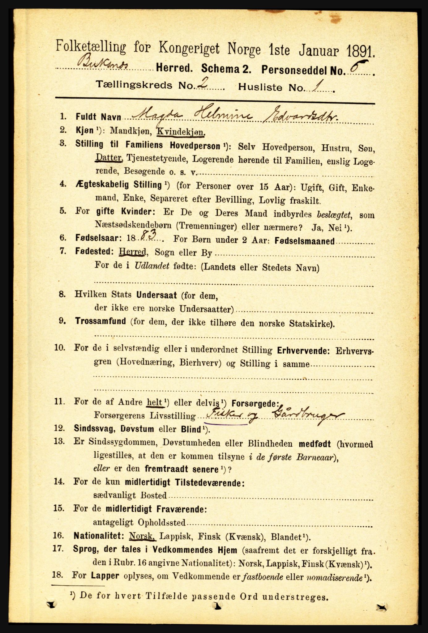 RA, 1891 census for 1860 Buksnes, 1891, p. 1599