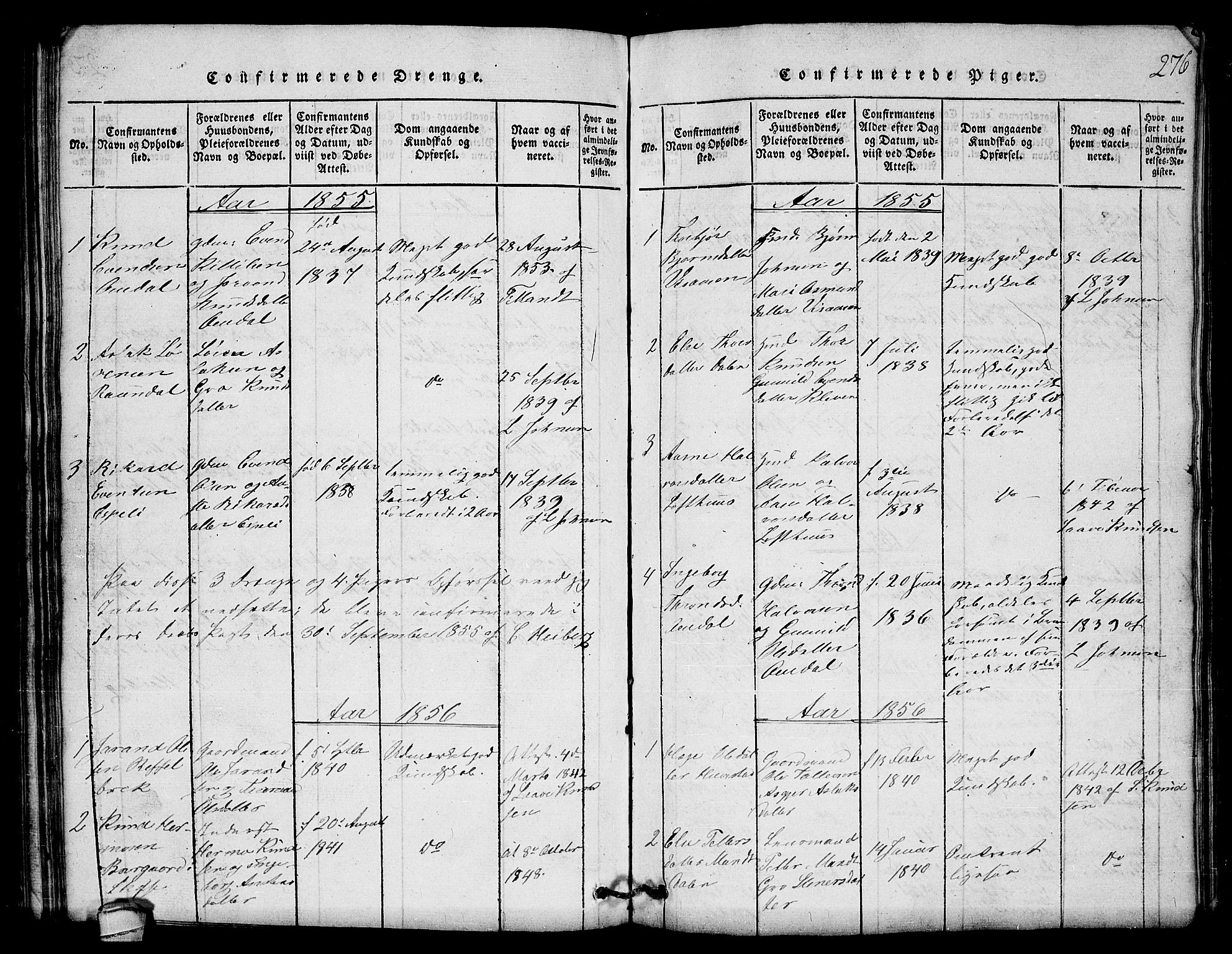 Lårdal kirkebøker, SAKO/A-284/G/Gb/L0001: Parish register (copy) no. II 1, 1815-1865, p. 276