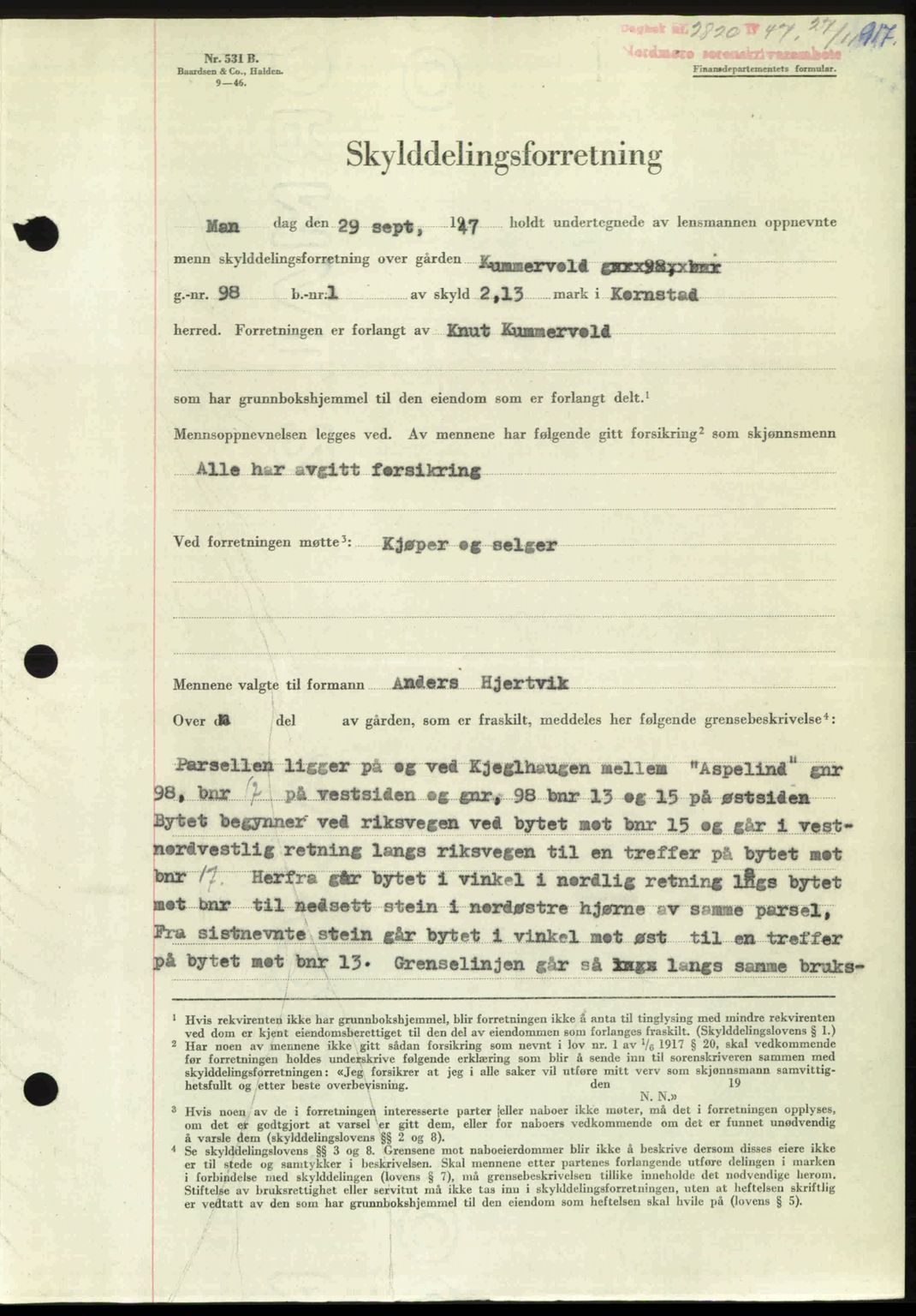 Nordmøre sorenskriveri, AV/SAT-A-4132/1/2/2Ca: Mortgage book no. A106, 1947-1947, Diary no: : 2820/1947