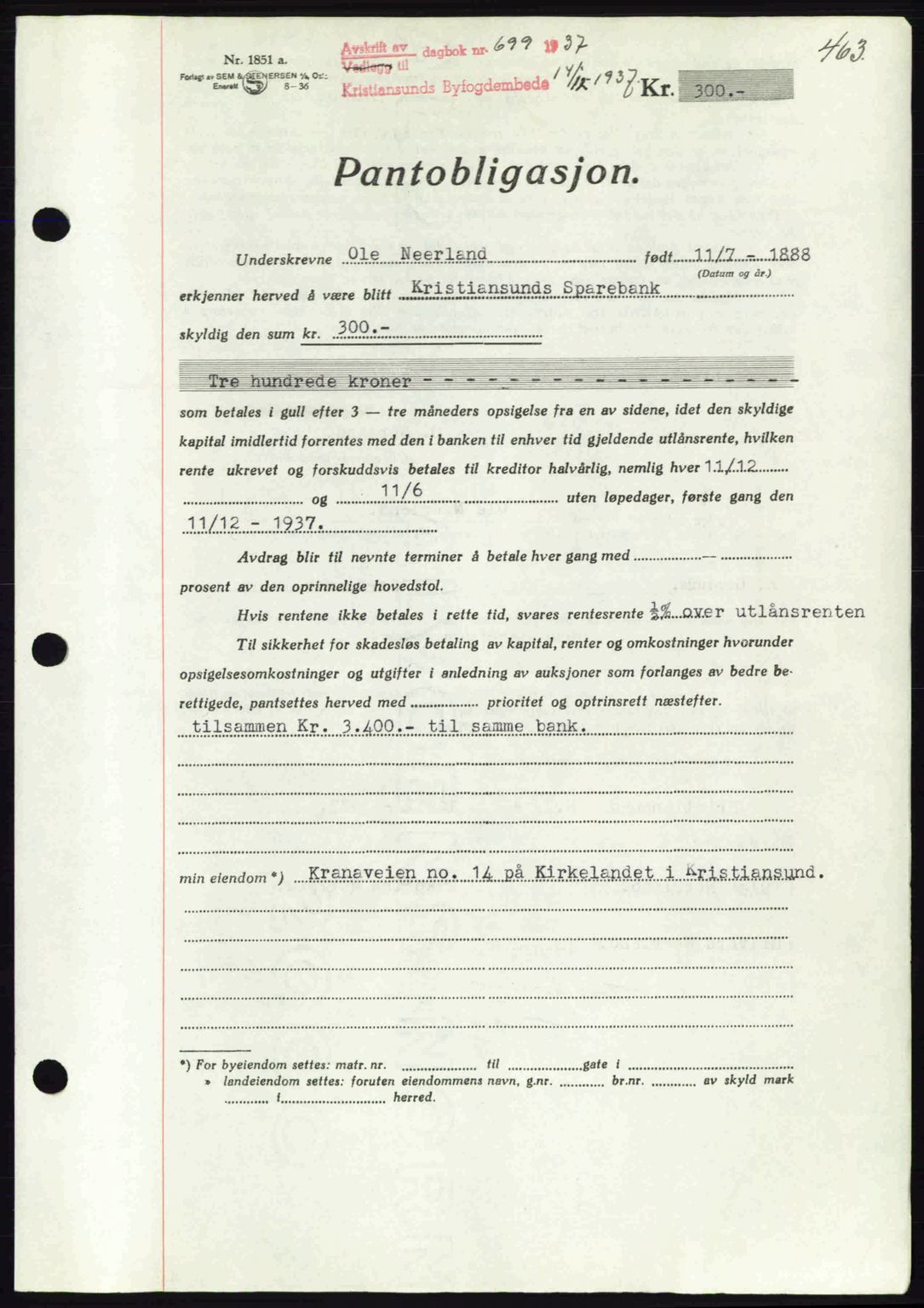 Kristiansund byfogd, AV/SAT-A-4587/A/27: Mortgage book no. 29, 1936-1937, Diary no: : 699/1937