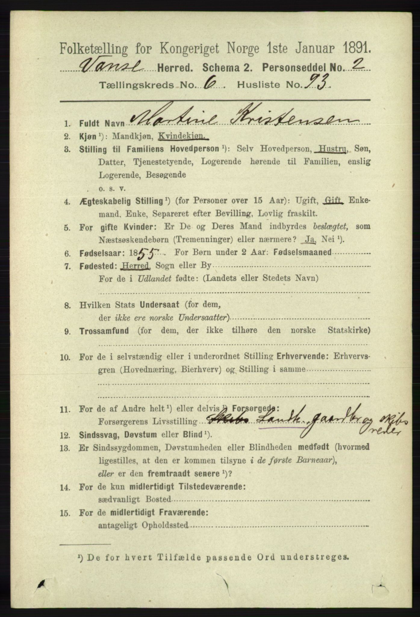 RA, 1891 census for 1041 Vanse, 1891, p. 3929