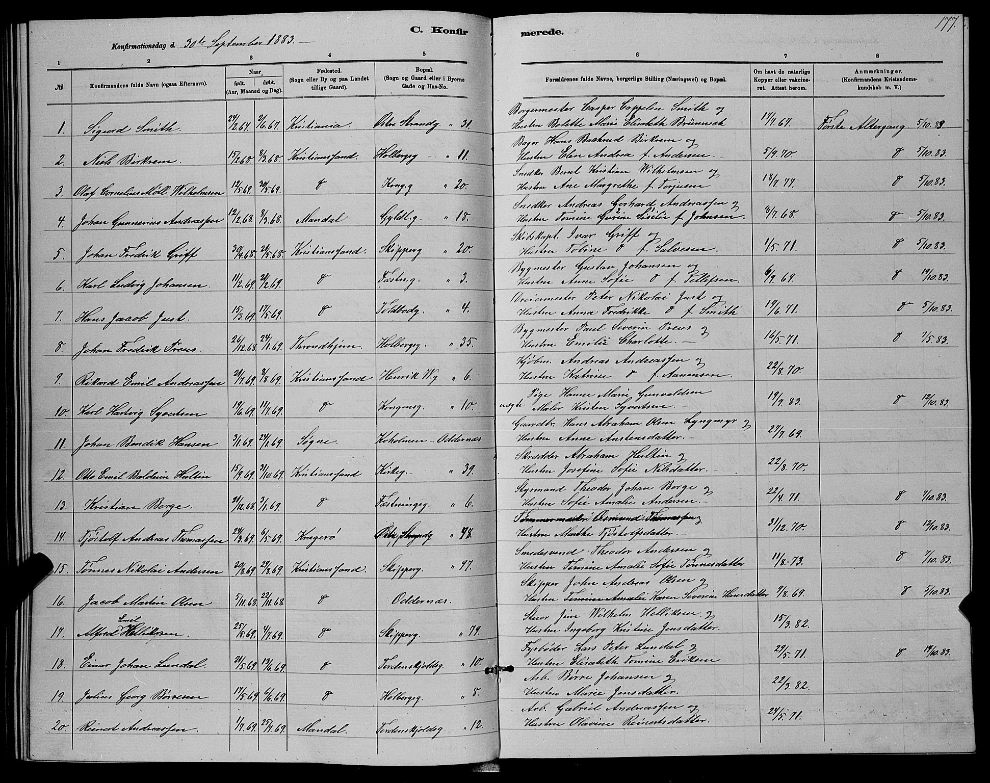 Kristiansand domprosti, SAK/1112-0006/F/Fb/L0016: Parish register (copy) no. B 16, 1881-1893, p. 177