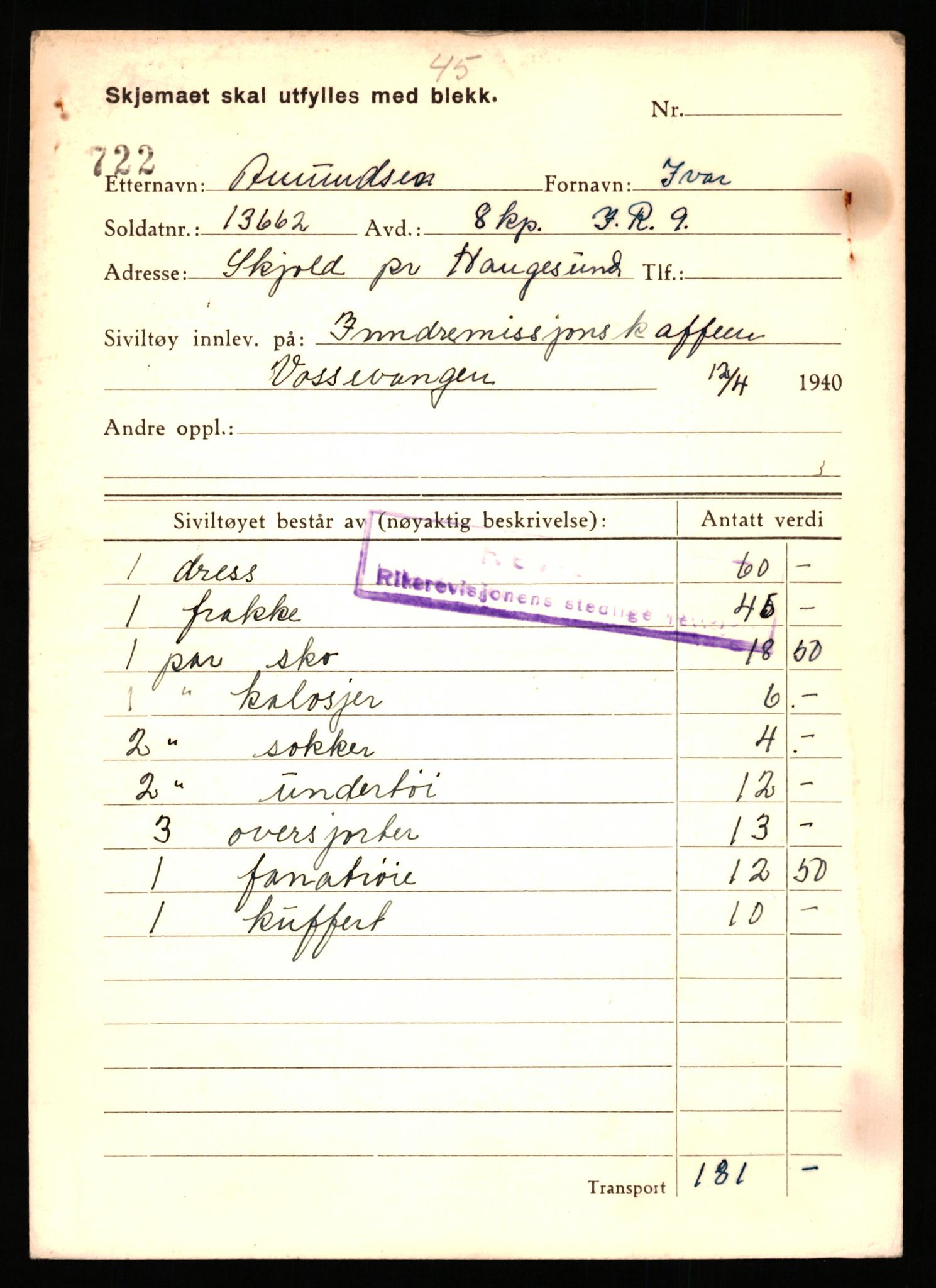 Justisdepartementet, Oppgjørsavdelingen, AV/RA-S-1056/G/Gb/L0001: Oppgaver over ettersøkte sivile effekter: Abel - Andersen, Anders J., 1940-1942, p. 913