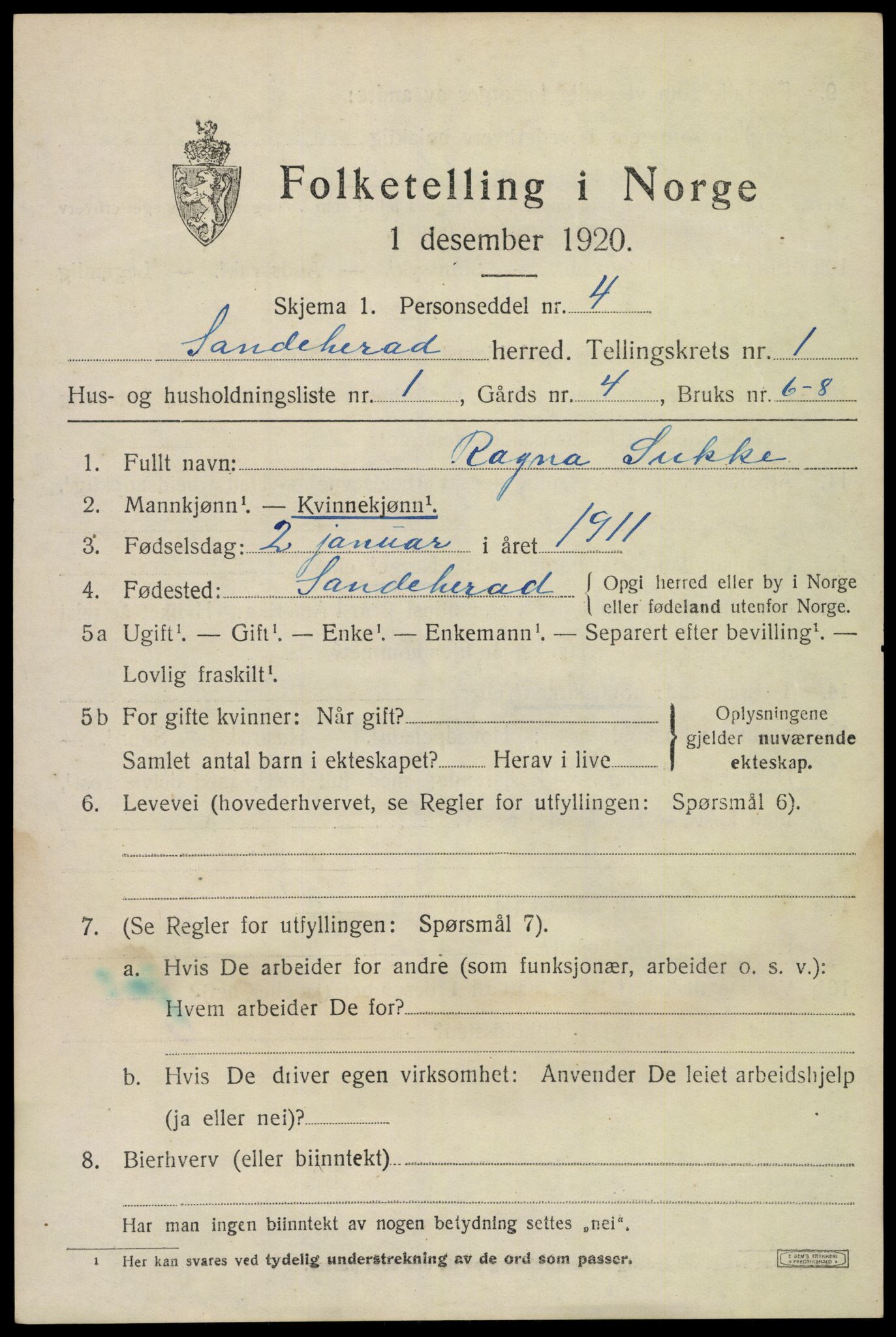 SAKO, 1920 census for Sandeherred, 1920, p. 3758