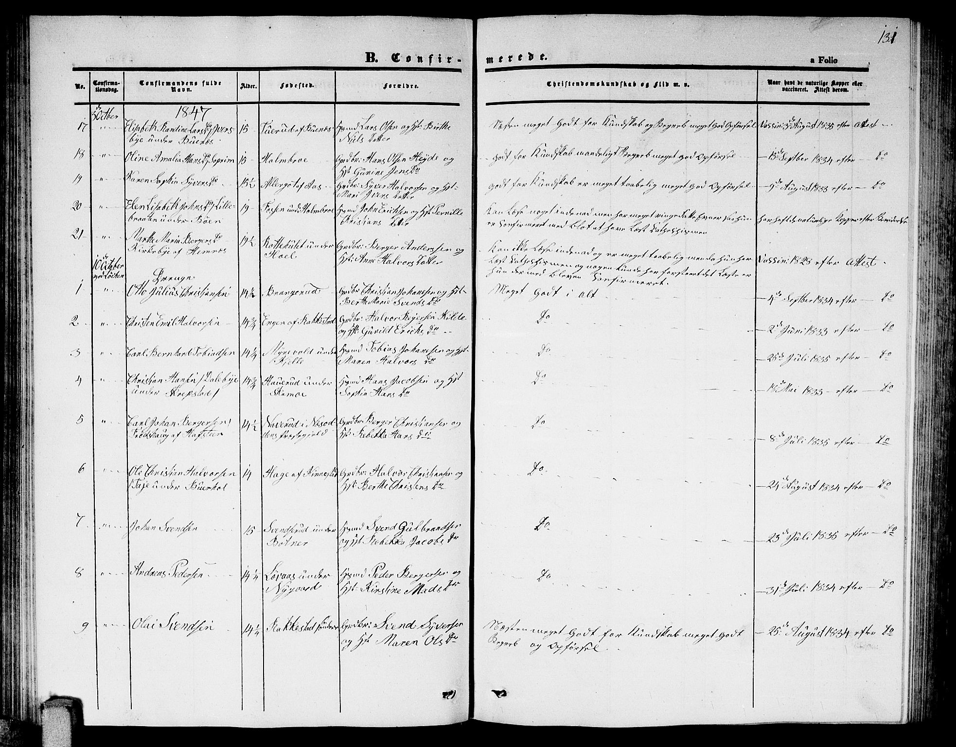 Høland prestekontor Kirkebøker, AV/SAO-A-10346a/G/Ga/L0003: Parish register (copy) no. I 3, 1846-1853, p. 131