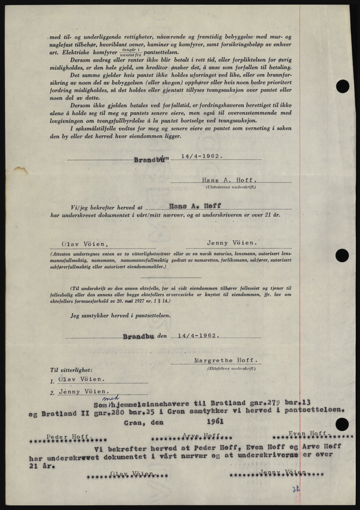 Hadeland og Land tingrett, AV/SAH-TING-010/H/Hb/Hbc/L0048: Mortgage book no. B48, 1962-1962, Diary no: : 1230/1962