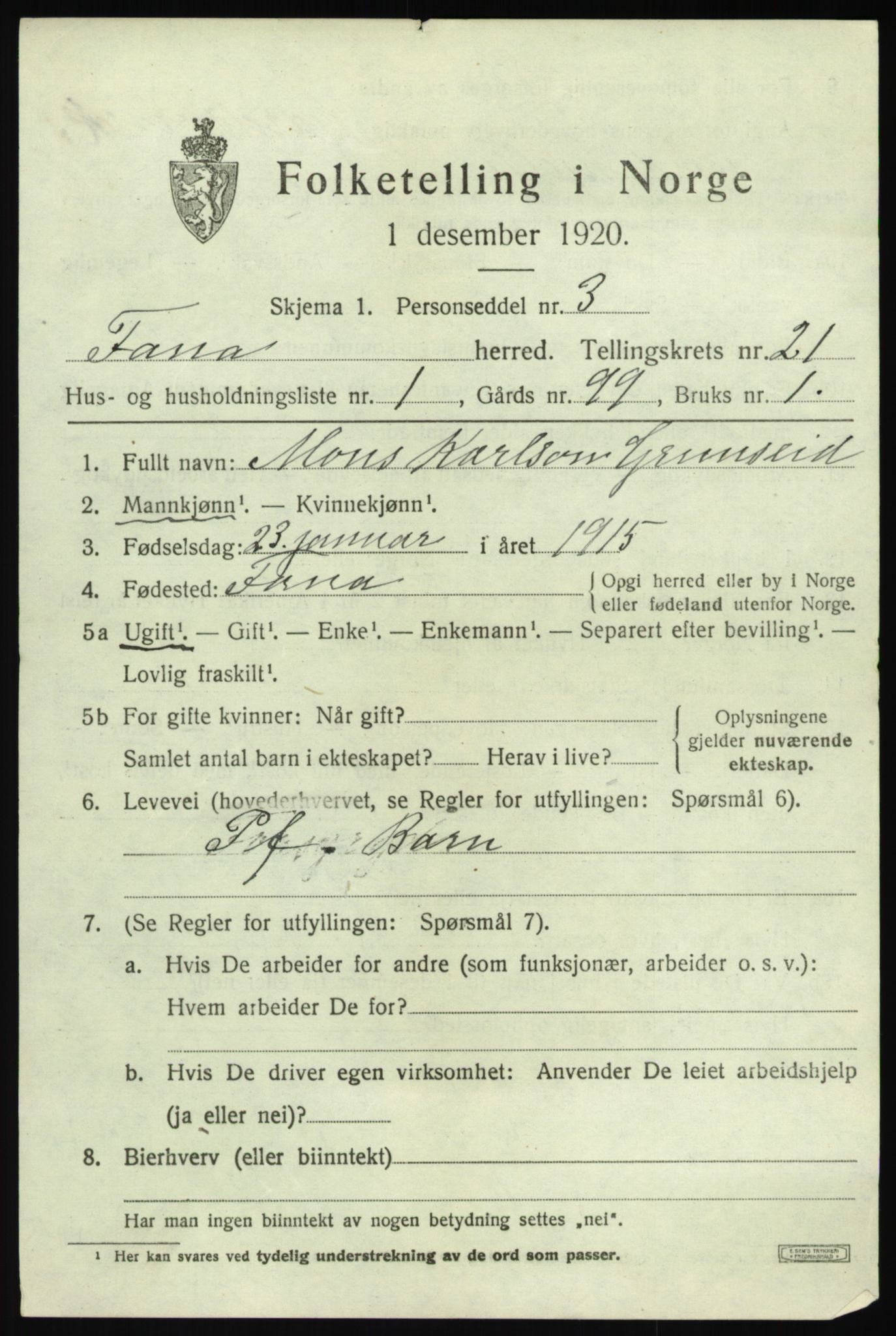 SAB, 1920 census for Fana, 1920, p. 24719