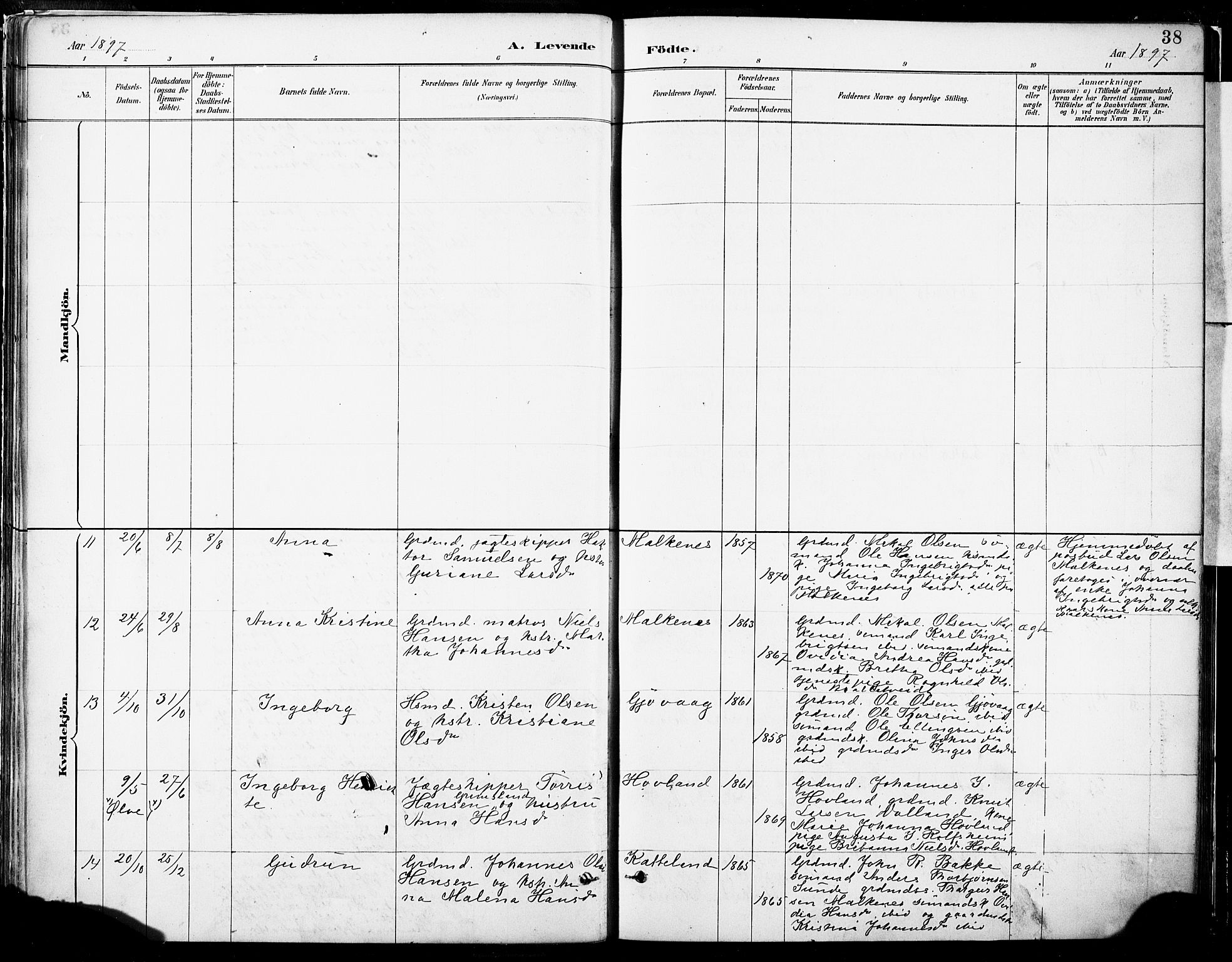 Tysnes sokneprestembete, AV/SAB-A-78601/H/Haa: Parish register (official) no. B 1, 1887-1906, p. 38