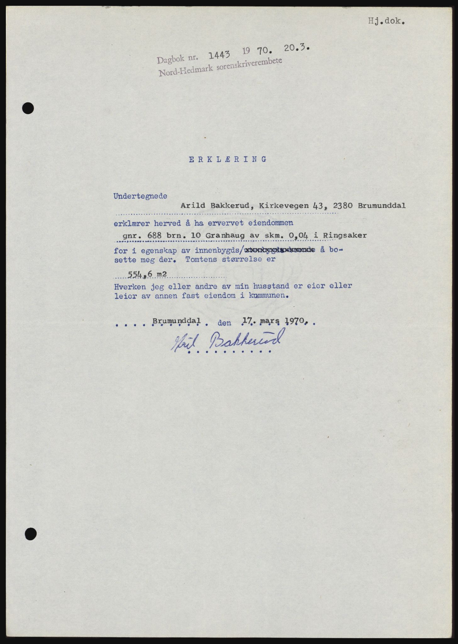 Nord-Hedmark sorenskriveri, SAH/TING-012/H/Hc/L0033: Mortgage book no. 33, 1970-1970, Diary no: : 1443/1970