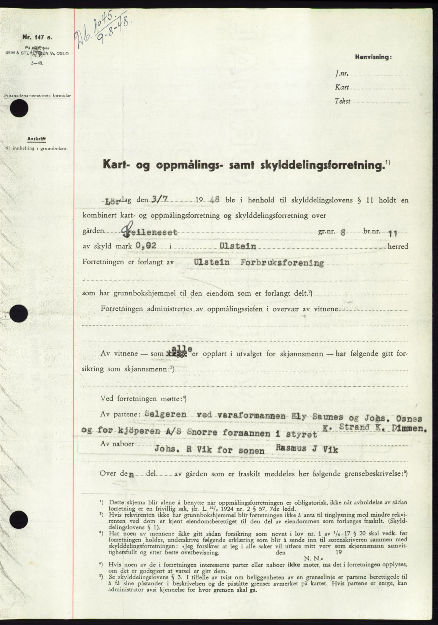 Søre Sunnmøre sorenskriveri, AV/SAT-A-4122/1/2/2C/L0082: Mortgage book no. 8A, 1948-1948, Diary no: : 1045/1948