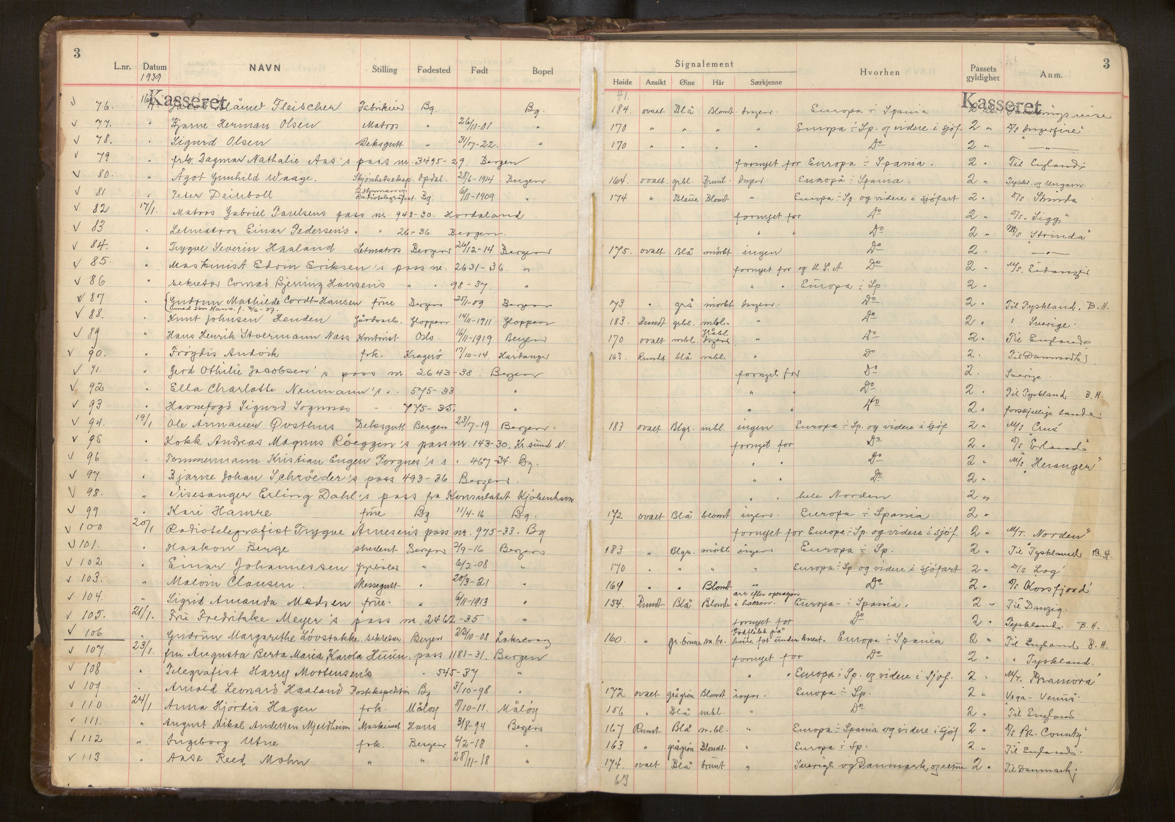 Bergen politikammer / politidistrikt, AV/SAB-A-60401/L/La/Lab/L0015: Passprotokoll, 1939-1946