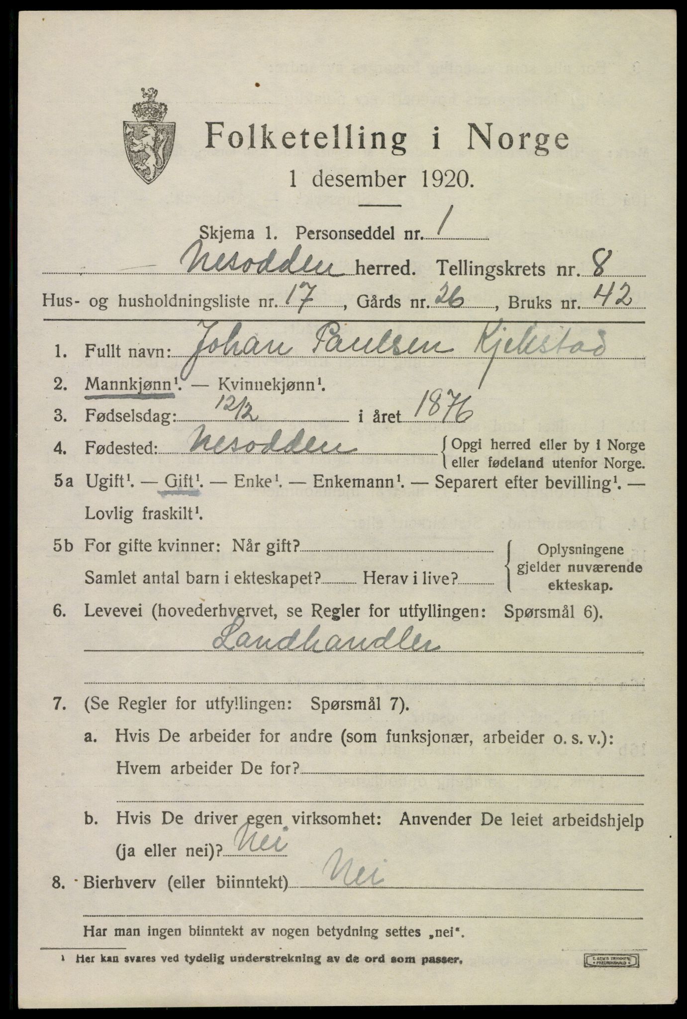 SAO, 1920 census for Nesodden, 1920, p. 6405