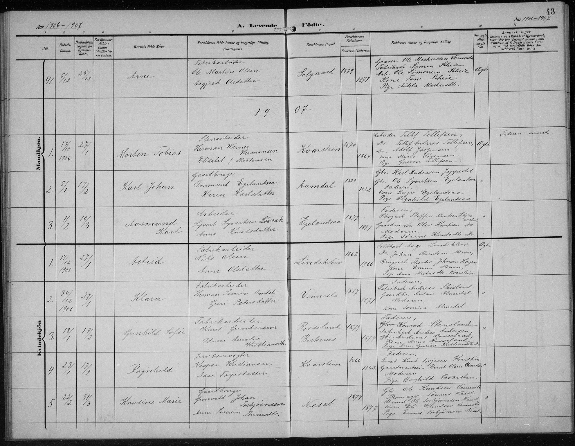 Vennesla sokneprestkontor, SAK/1111-0045/Fb/Fbb/L0005: Parish register (copy) no. B 5, 1903-1913, p. 43