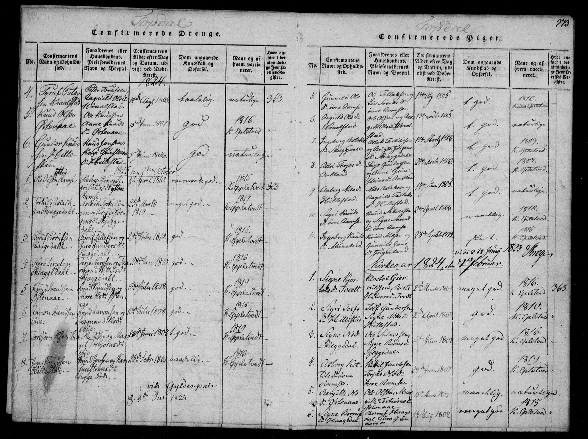 Åmli sokneprestkontor, SAK/1111-0050/F/Fa/Fac/L0006: Parish register (official) no. A 6, 1816-1829, p. 273