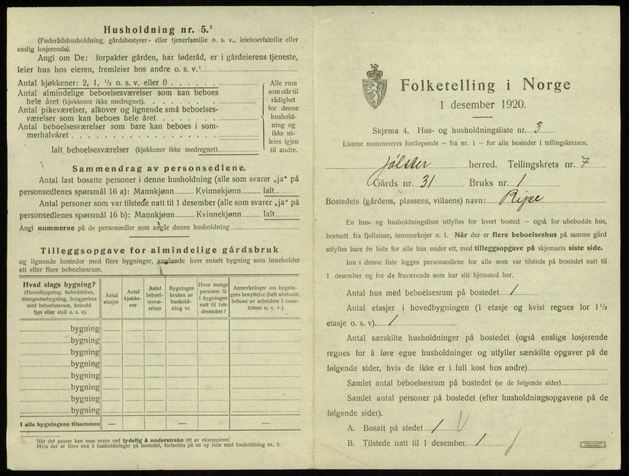 SAB, 1920 census for Jølster, 1920, p. 445
