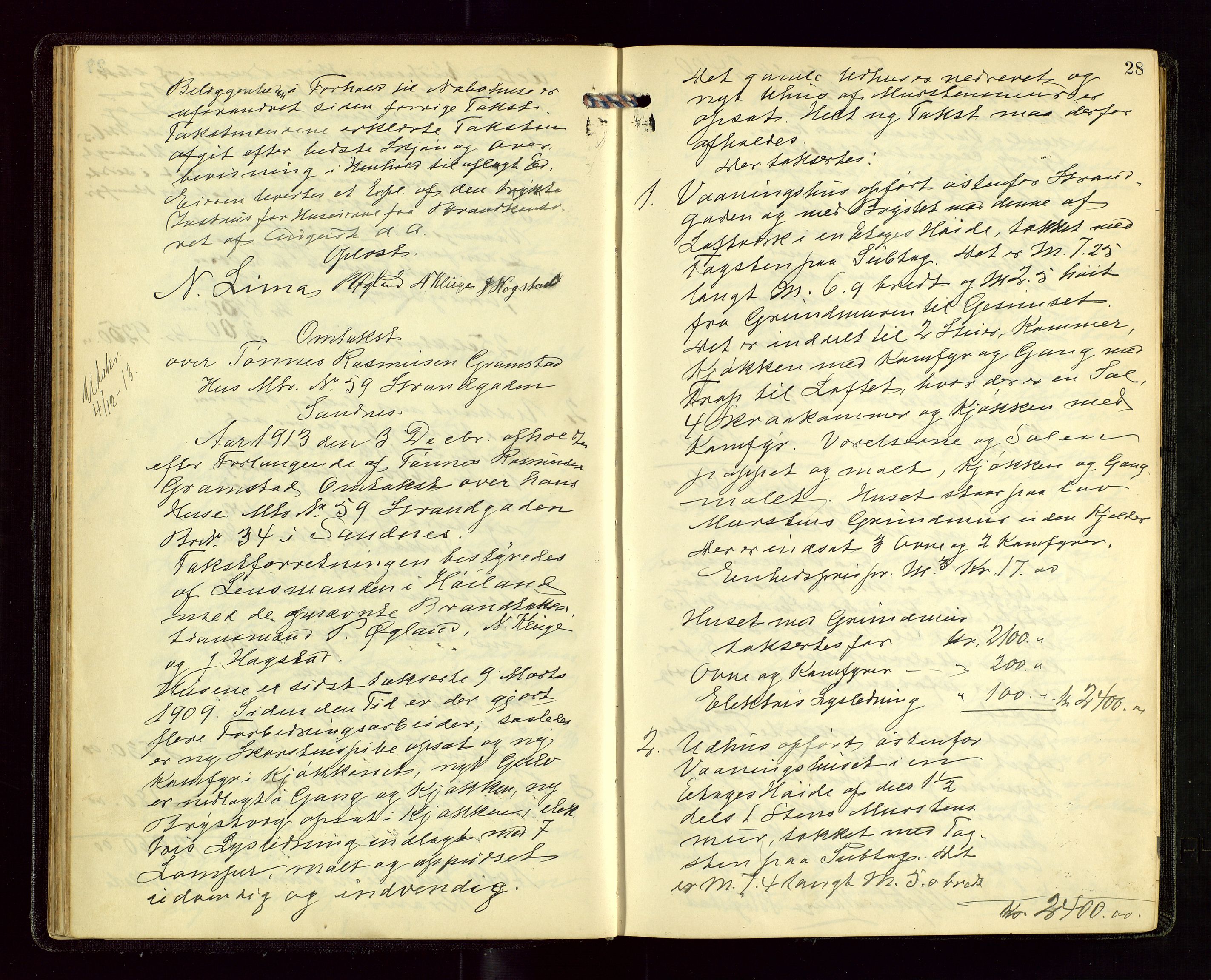 Sandnes lensmannskontor, AV/SAST-A-100167/Goa/L0001: "Brandtakstprotokol", 1913-1919, p. 27b-28a