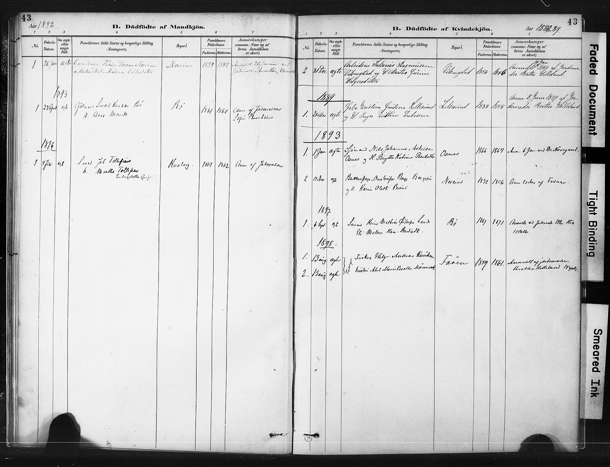 Torvastad sokneprestkontor, AV/SAST-A -101857/H/Ha/Haa/L0015: Parish register (official) no. A 14, 1888-1899, p. 43