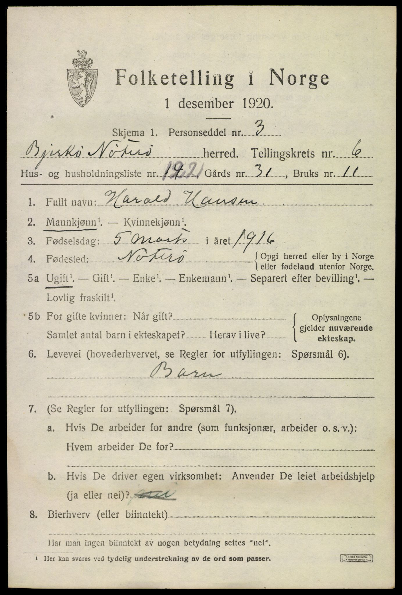 SAKO, 1920 census for Nøtterøy, 1920, p. 9445