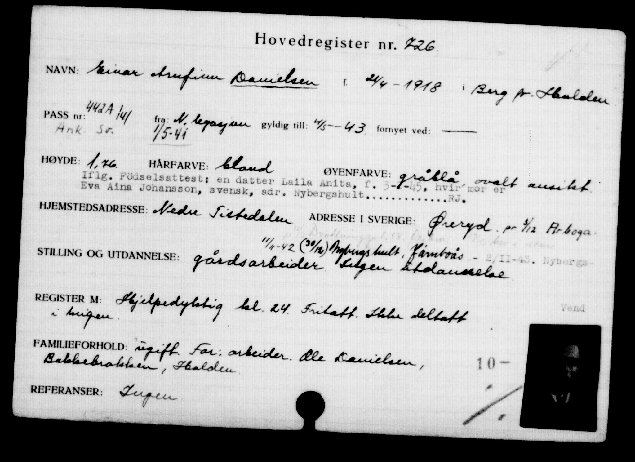 Utenriksstasjonene, Legasjonen i Stockholm, Flyktningkontoret, AV/RA-S-6753/V/Va/L0001: Kjesäterkartoteket, flyktninger med registreringsnr. 1-1000, 1940-1945, p. 1137