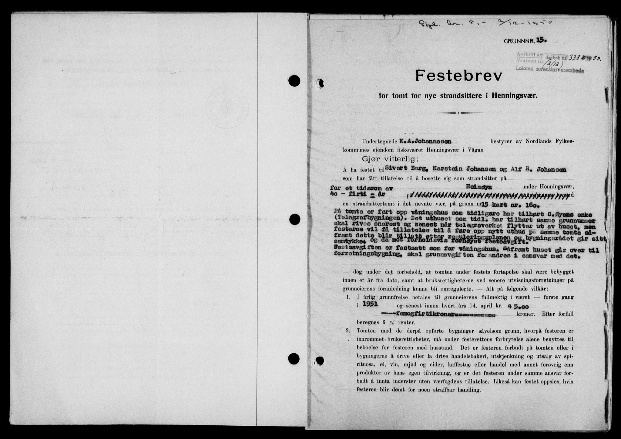 Lofoten sorenskriveri, SAT/A-0017/1/2/2C/L0025a: Mortgage book no. 25a, 1950-1951, Diary no: : 3382/1950