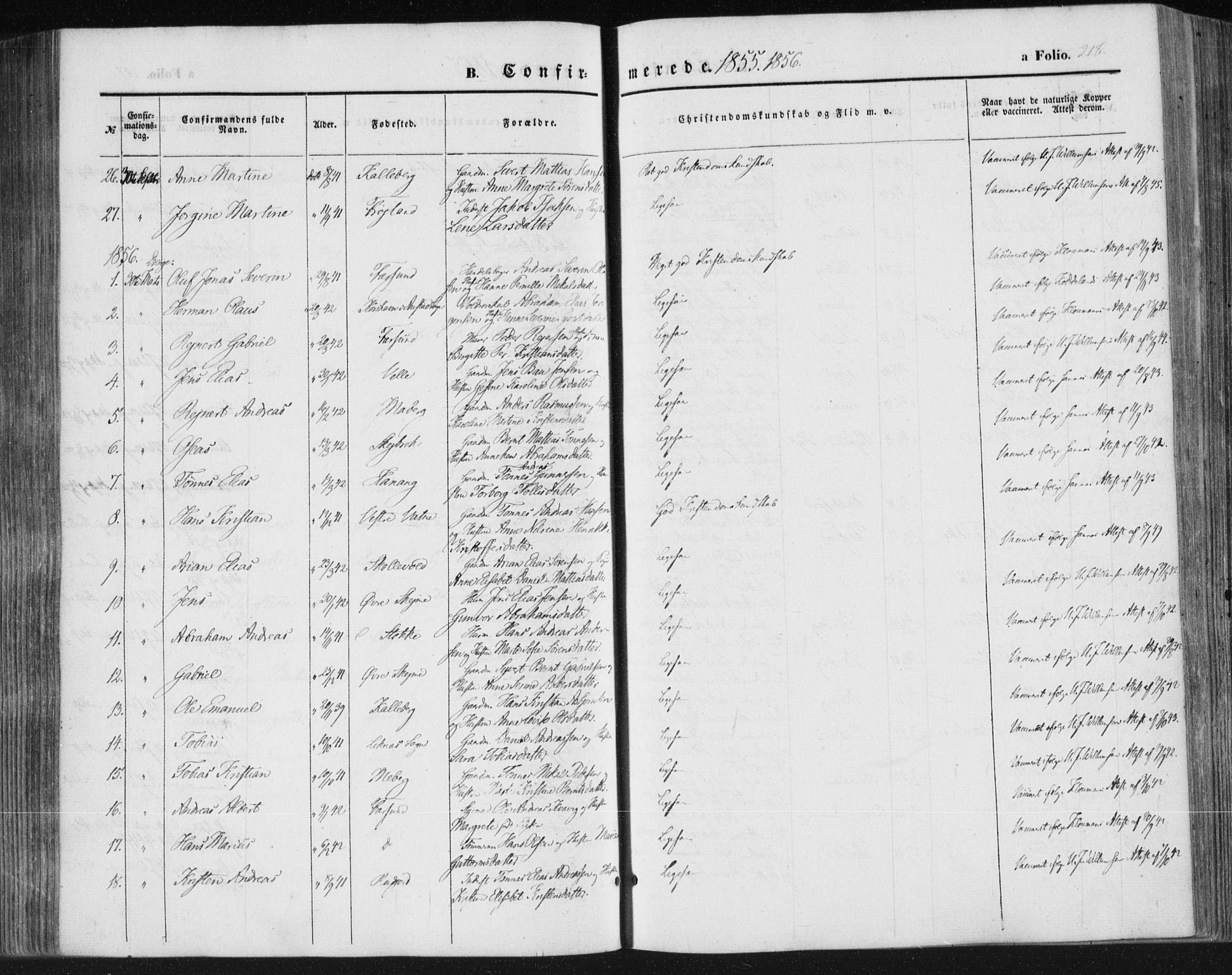 Lista sokneprestkontor, SAK/1111-0027/F/Fa/L0010: Parish register (official) no. A 10, 1846-1861, p. 218