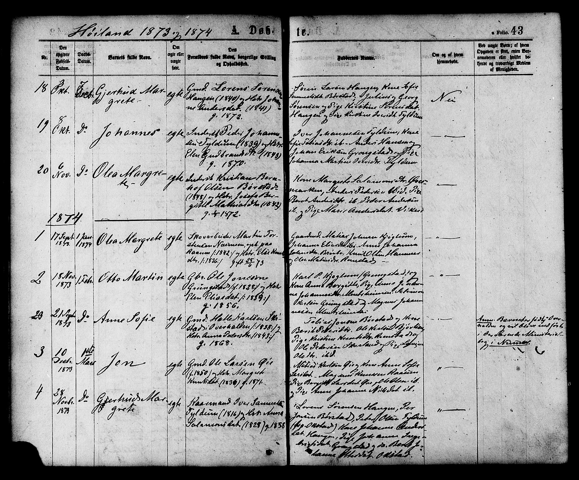 Ministerialprotokoller, klokkerbøker og fødselsregistre - Nord-Trøndelag, SAT/A-1458/758/L0516: Parish register (official) no. 758A03 /2, 1869-1879, p. 43