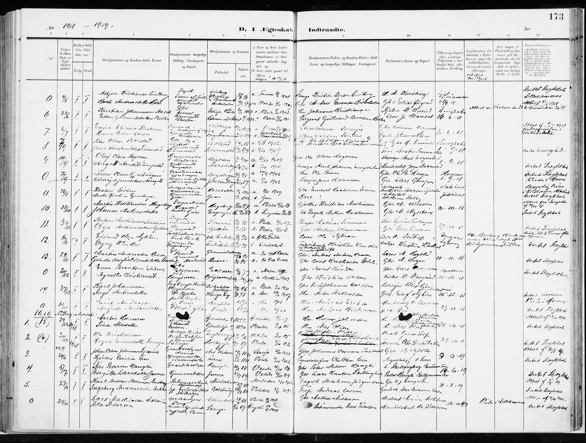 Ringsaker prestekontor, SAH/PREST-014/K/Ka/L0019: Parish register (official) no. 19, 1905-1920, p. 173