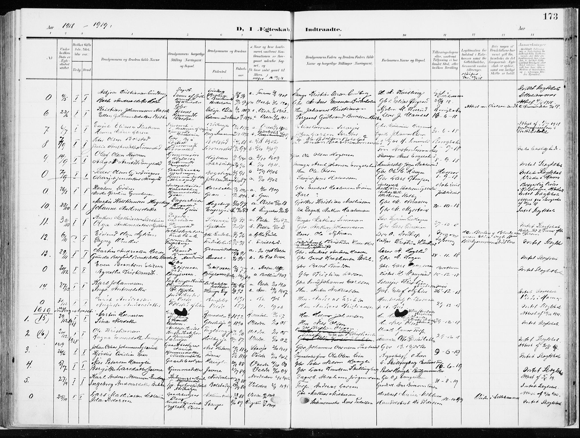 Ringsaker prestekontor, AV/SAH-PREST-014/K/Ka/L0019: Parish register (official) no. 19, 1905-1920, p. 173