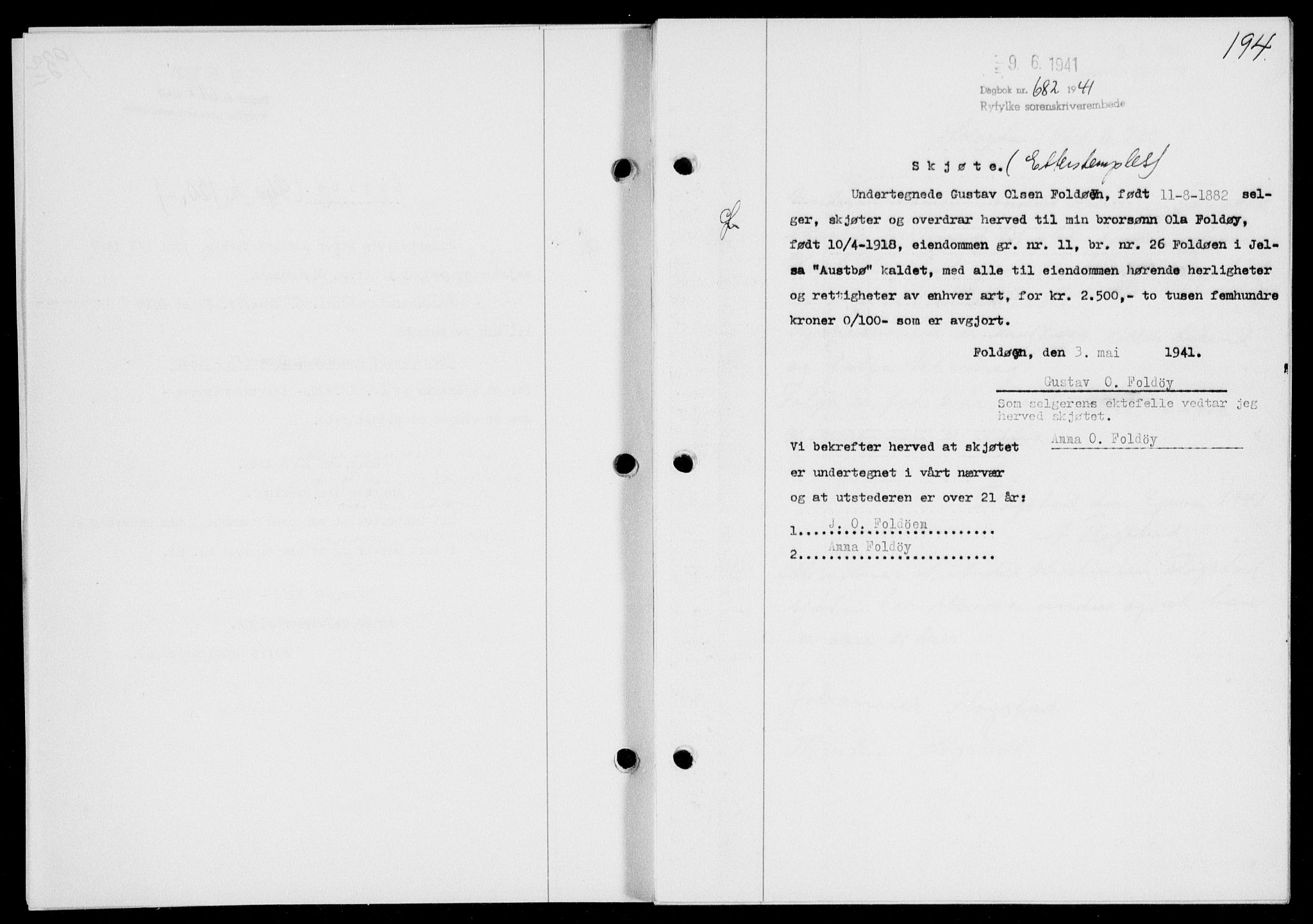 Ryfylke tingrett, AV/SAST-A-100055/001/II/IIB/L0085: Mortgage book no. 64, 1941-1941, Diary no: : 682/1941