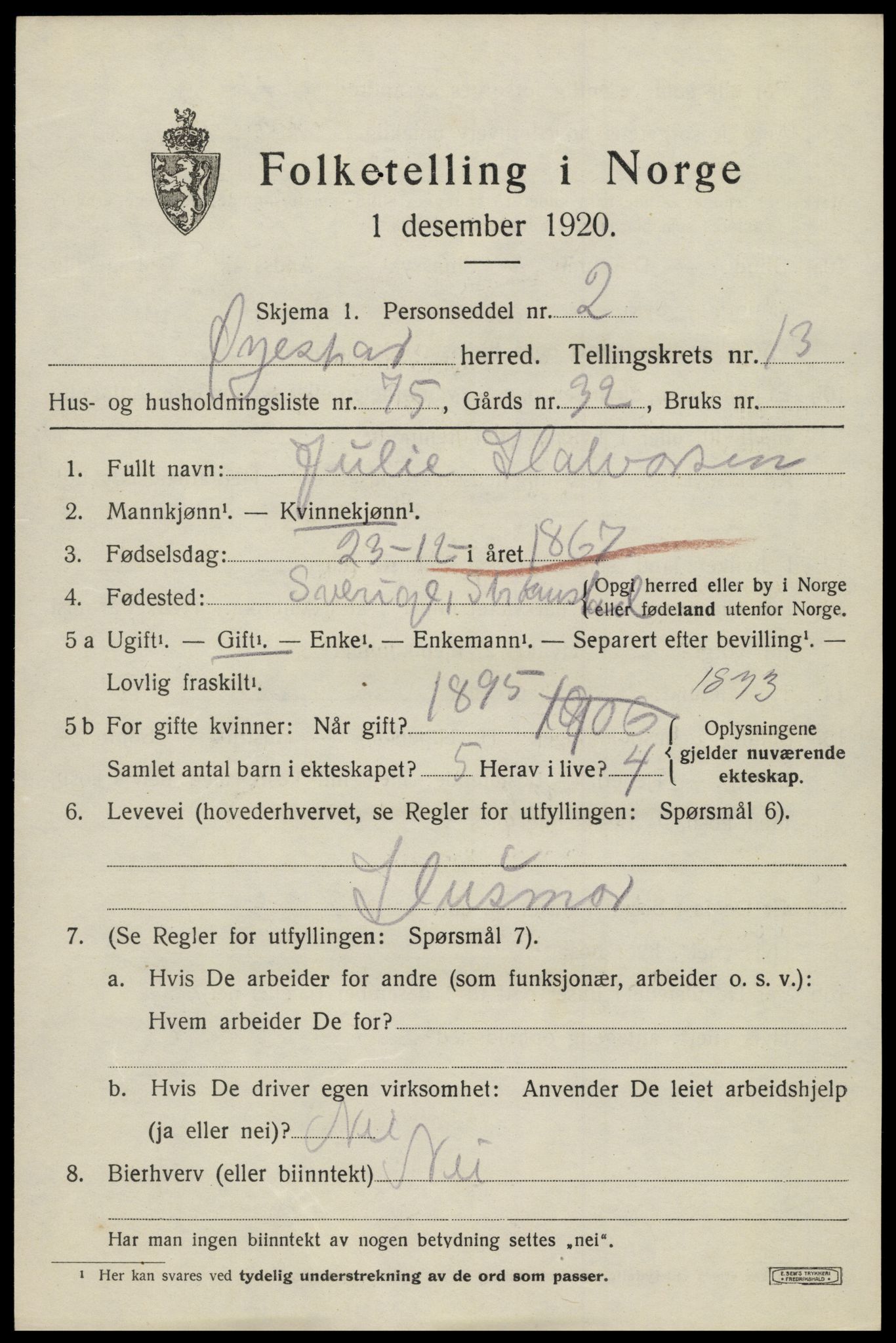 SAK, 1920 census for Øyestad, 1920, p. 8908