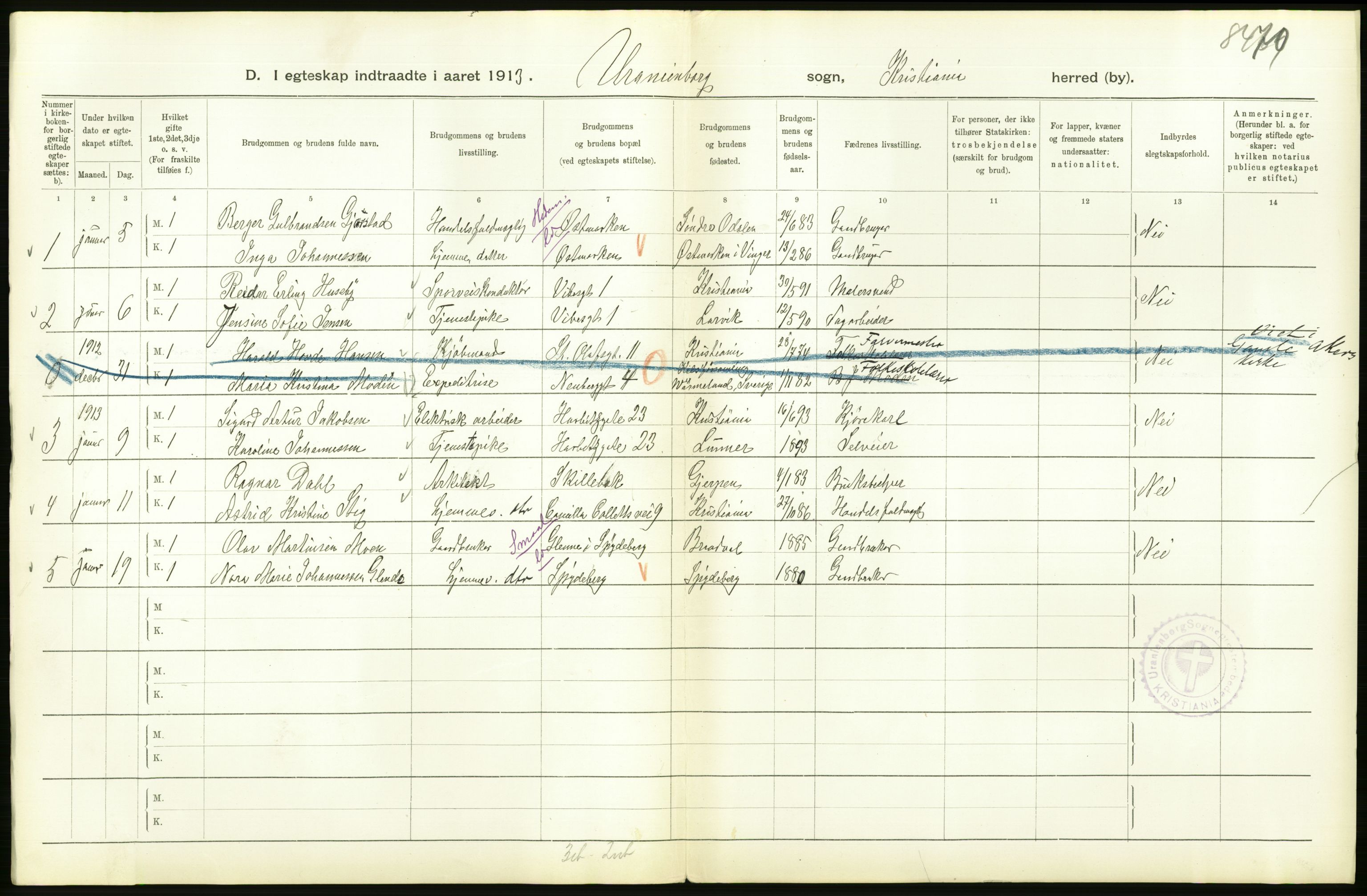 Statistisk sentralbyrå, Sosiodemografiske emner, Befolkning, AV/RA-S-2228/D/Df/Dfb/Dfbc/L0008: Kristiania: Gifte., 1913, p. 626