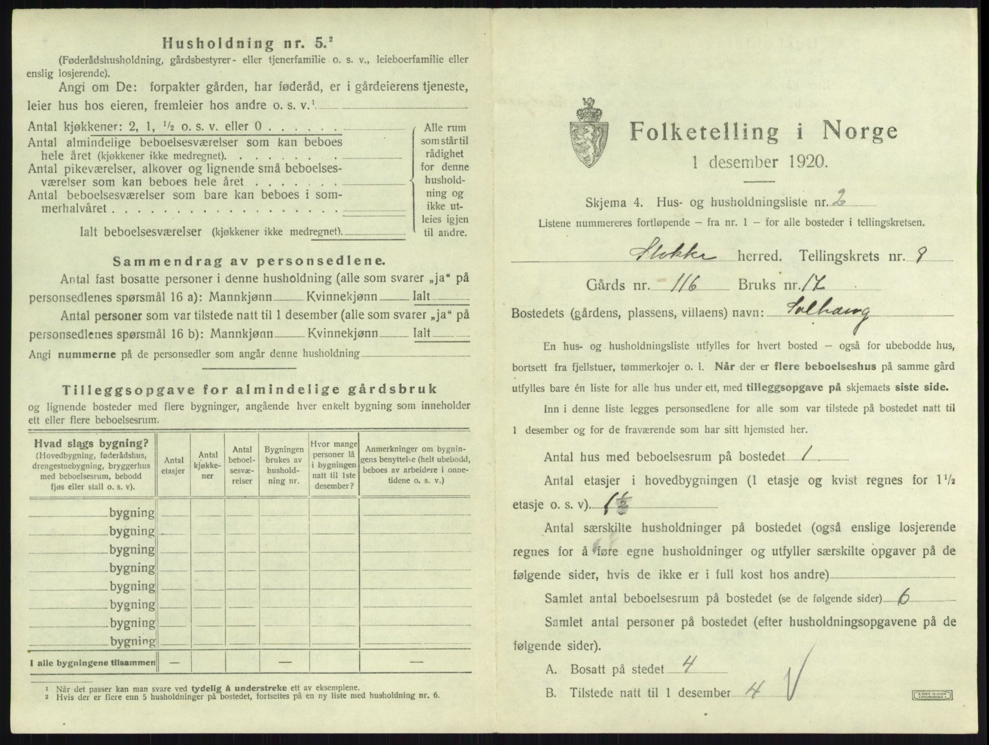 SAKO, 1920 census for Stokke, 1920, p. 1462
