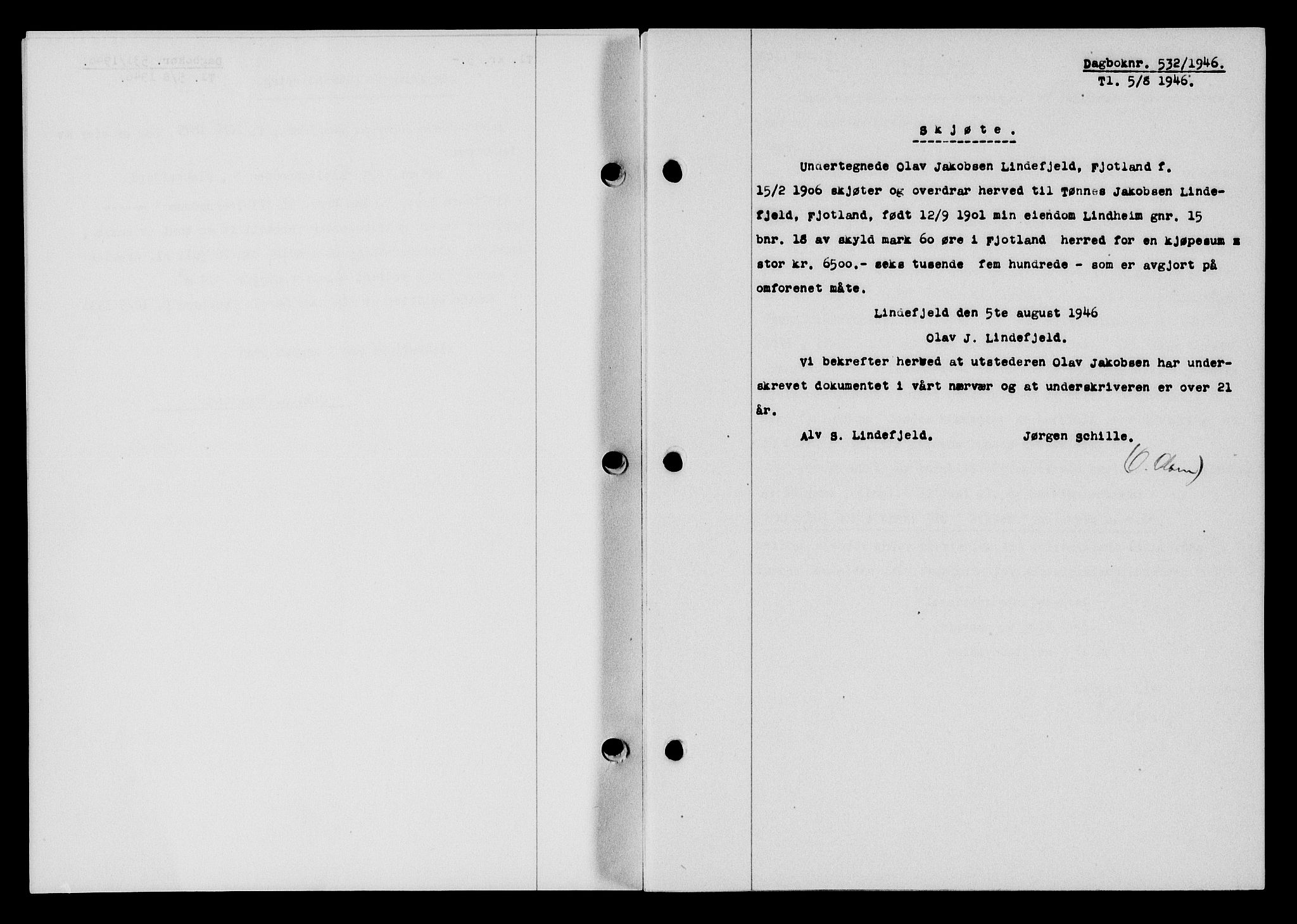 Flekkefjord sorenskriveri, SAK/1221-0001/G/Gb/Gba/L0060: Mortgage book no. A-8, 1945-1946, Diary no: : 532/1946