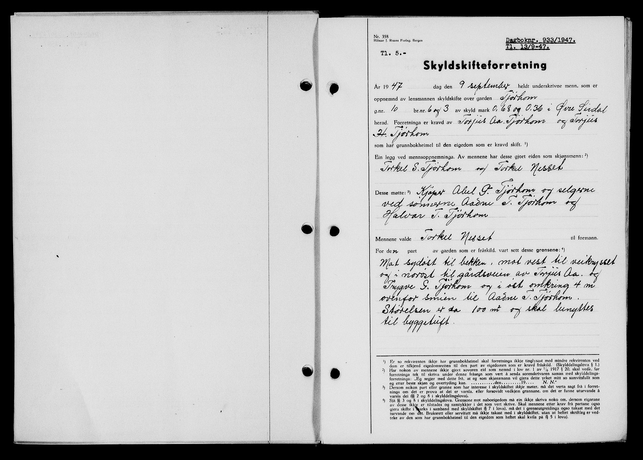 Flekkefjord sorenskriveri, SAK/1221-0001/G/Gb/Gba/L0062: Mortgage book no. A-10, 1947-1947, Diary no: : 933/1947