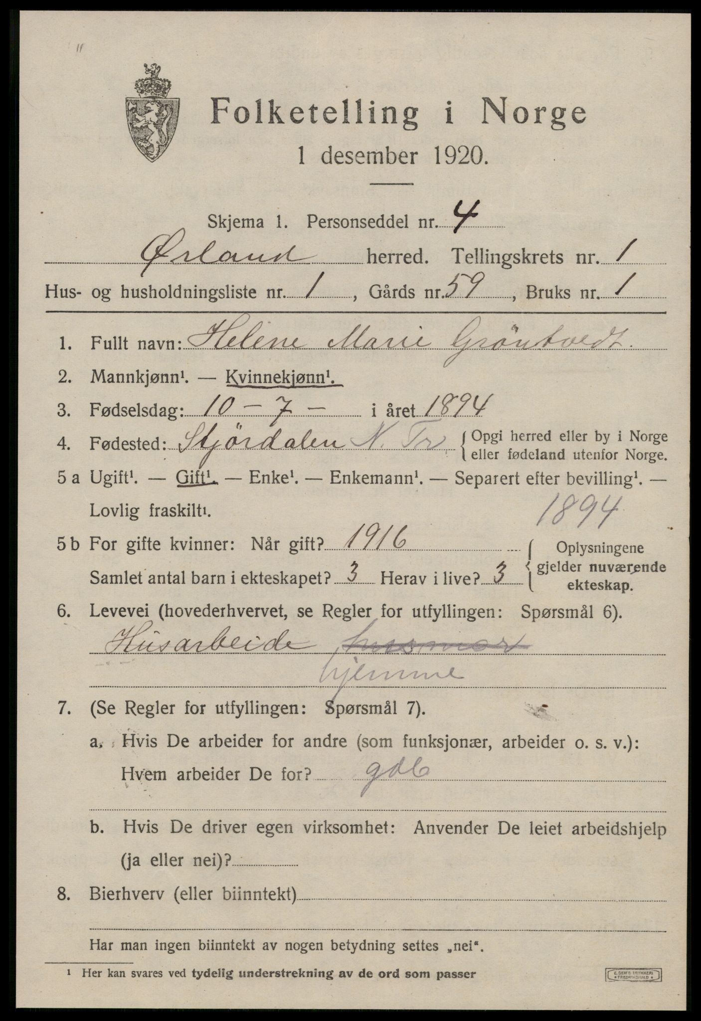SAT, 1920 census for Ørland, 1920, p. 1349