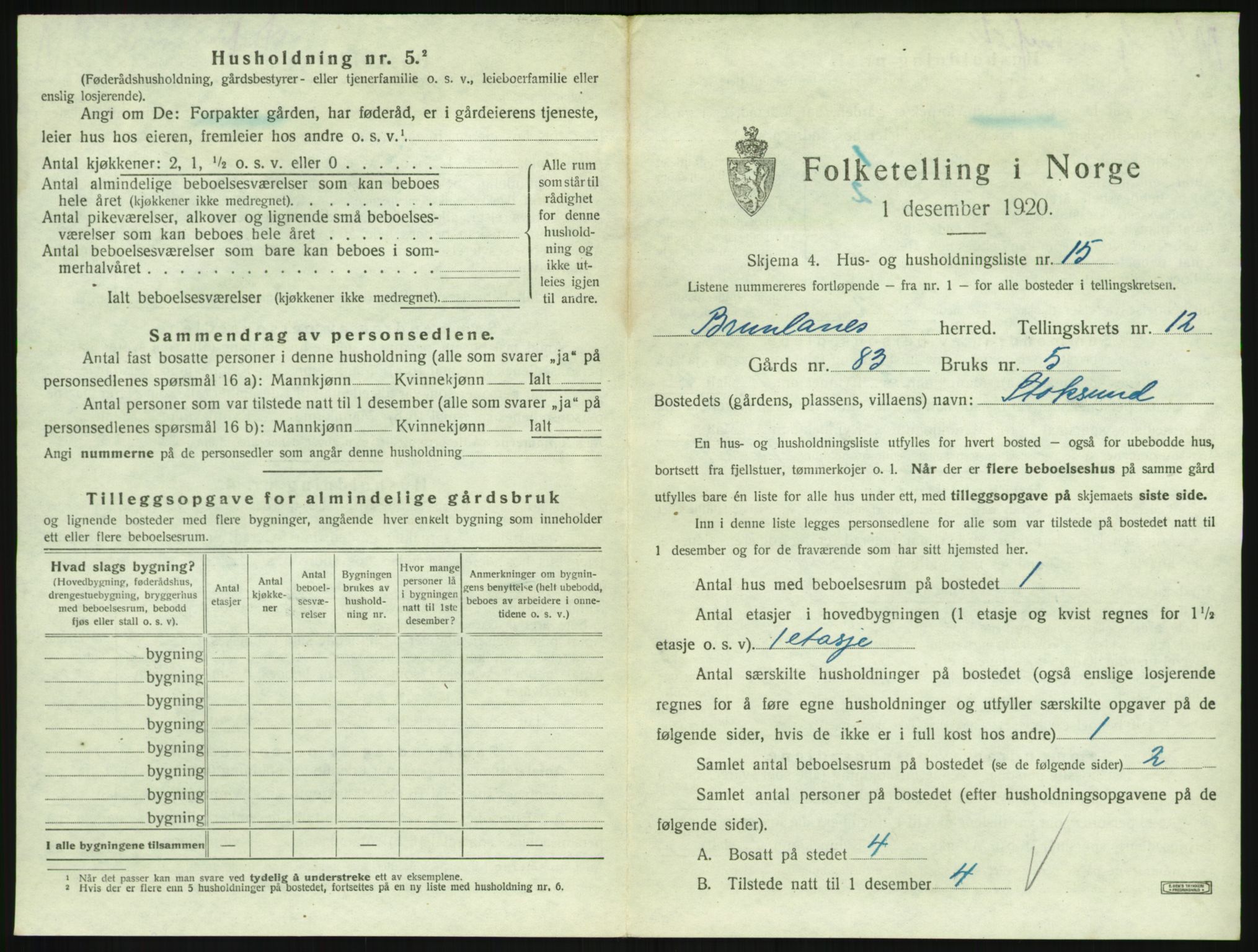 SAKO, 1920 census for Brunlanes, 1920, p. 1725