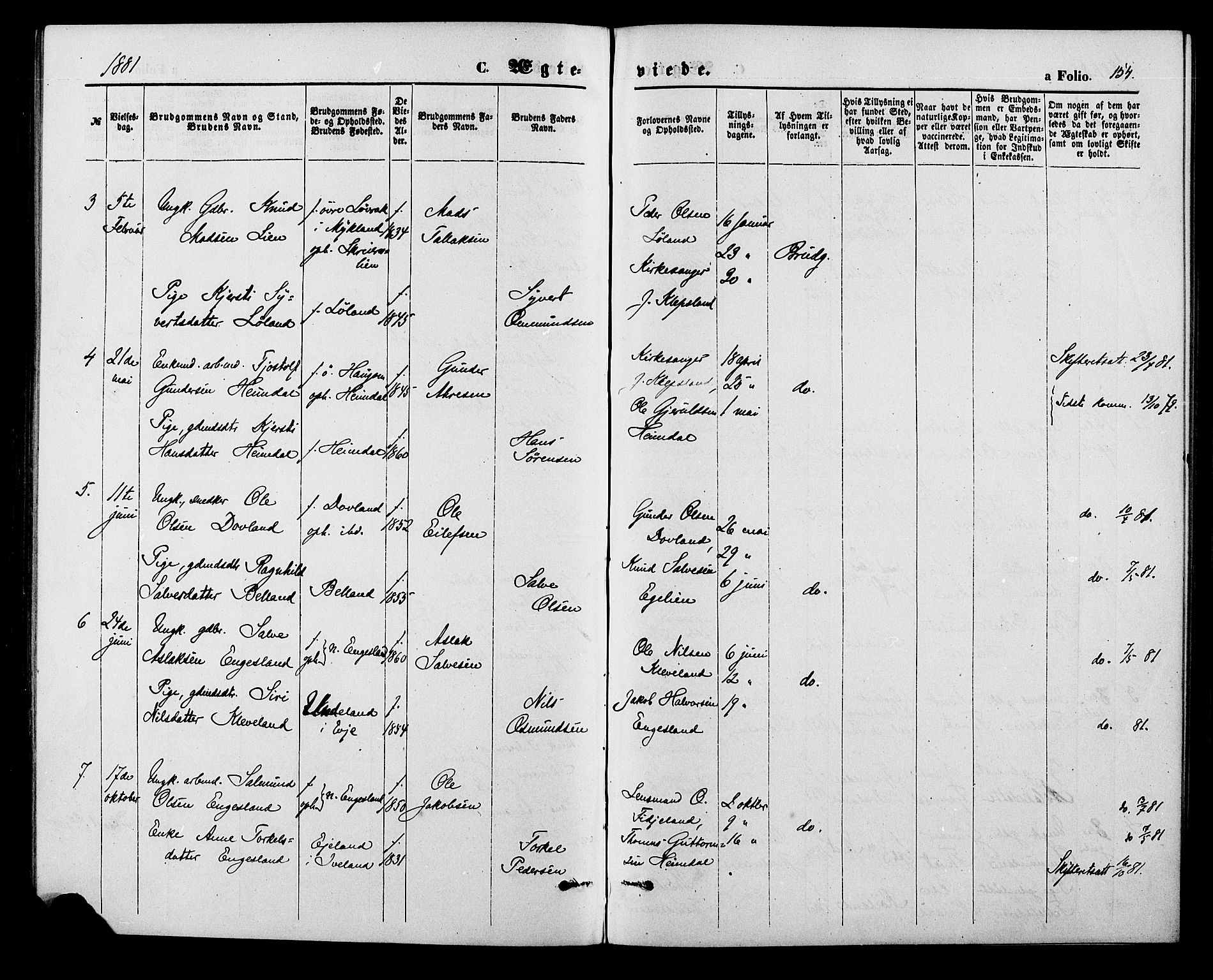 Herefoss sokneprestkontor, SAK/1111-0019/F/Fa/Fab/L0003: Parish register (official) no. A 3, 1875-1886, p. 154