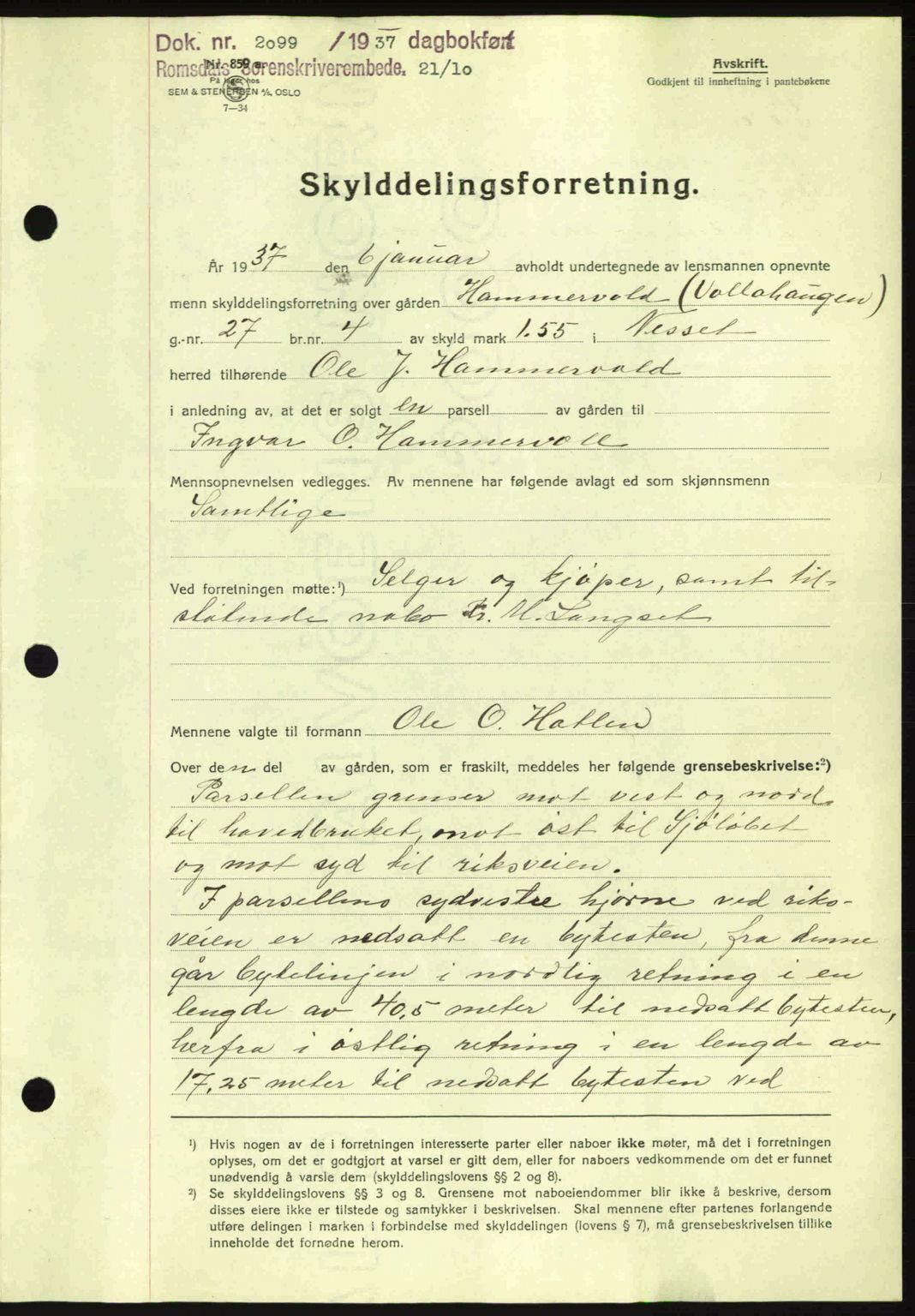 Romsdal sorenskriveri, AV/SAT-A-4149/1/2/2C: Mortgage book no. A4, 1937-1938, Diary no: : 2099/1937