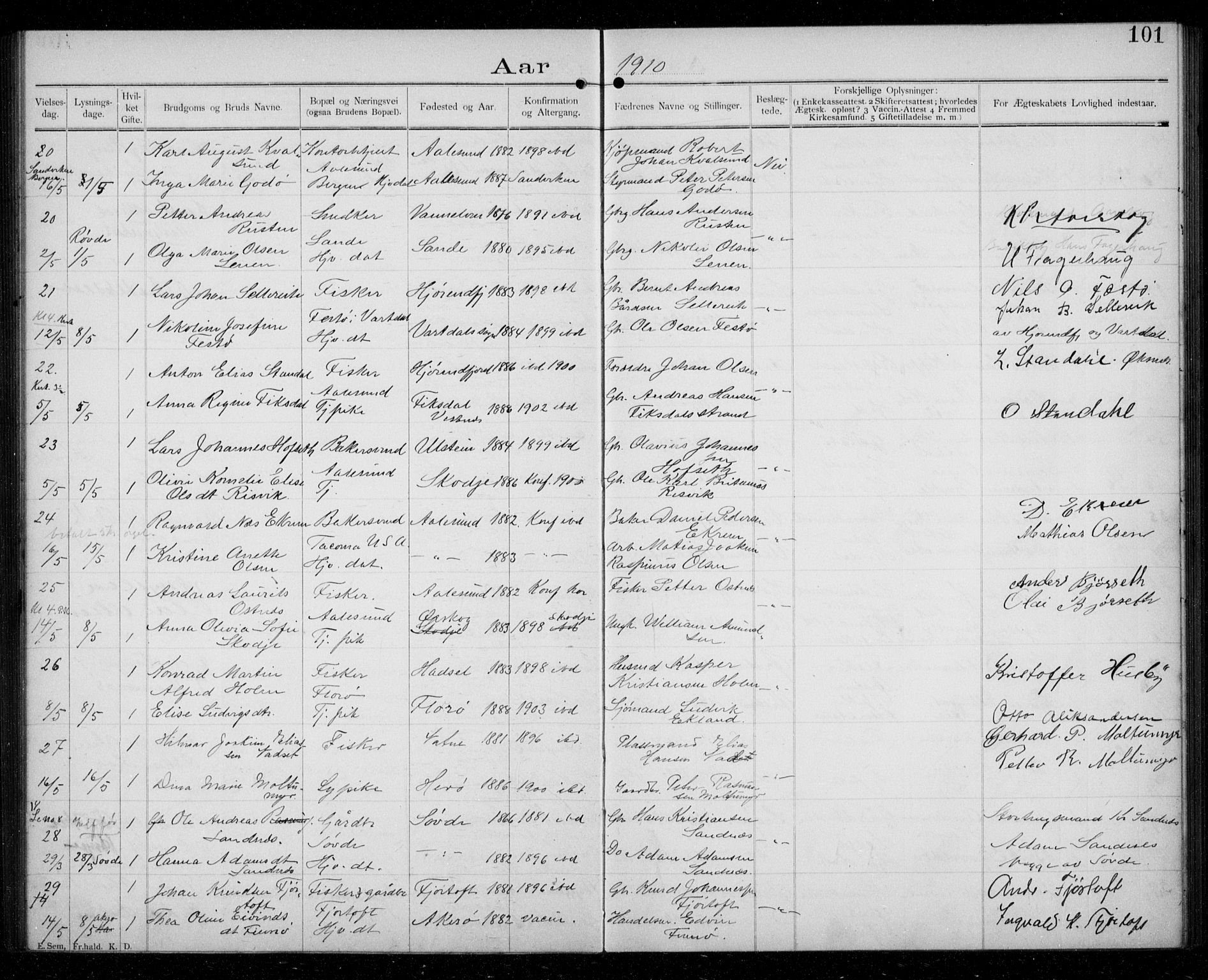 Ministerialprotokoller, klokkerbøker og fødselsregistre - Møre og Romsdal, AV/SAT-A-1454/529/L0458: Banns register no. 529A08, 1901-1918, p. 101