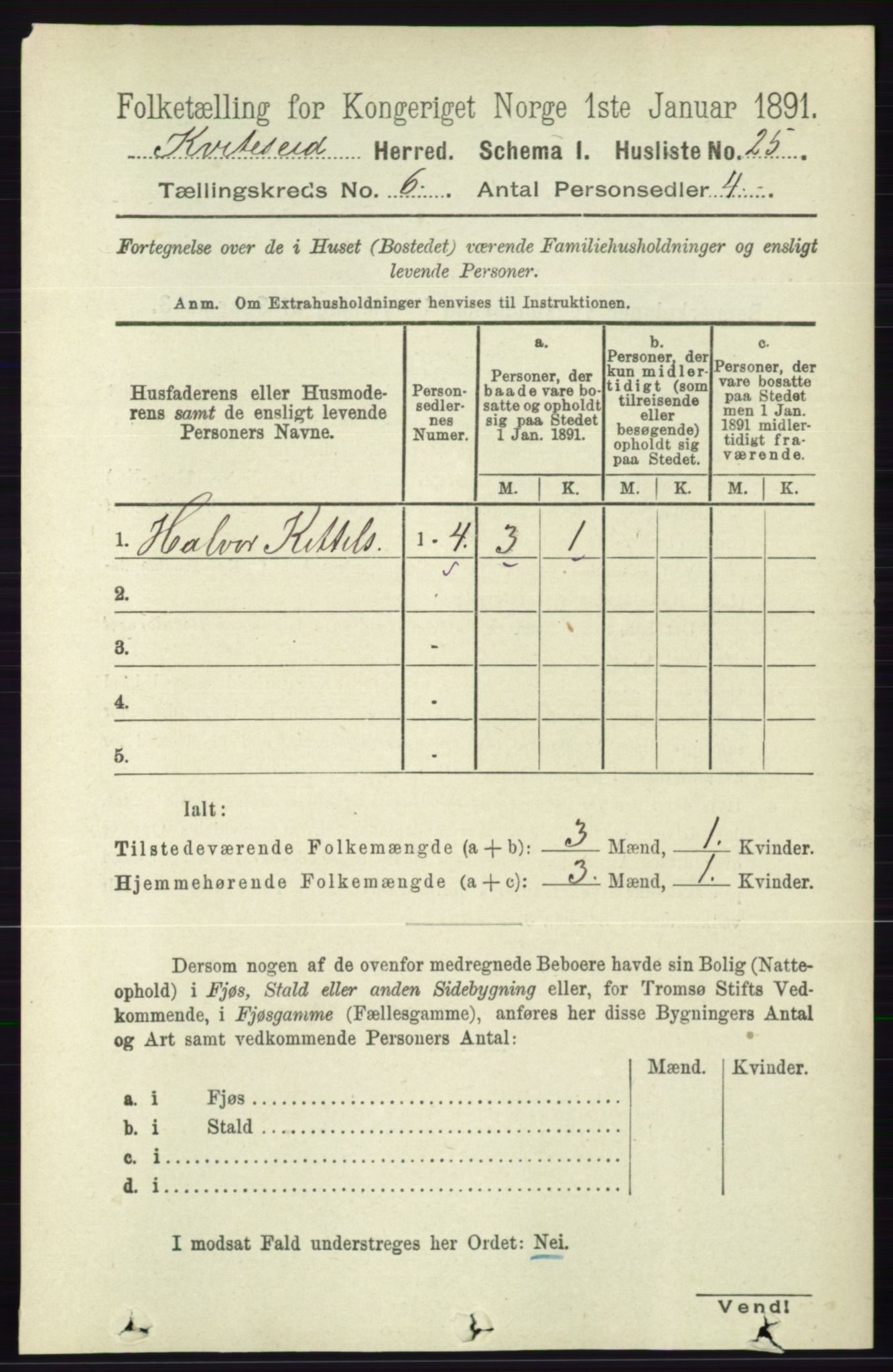 RA, 1891 census for 0829 Kviteseid, 1891, p. 1164