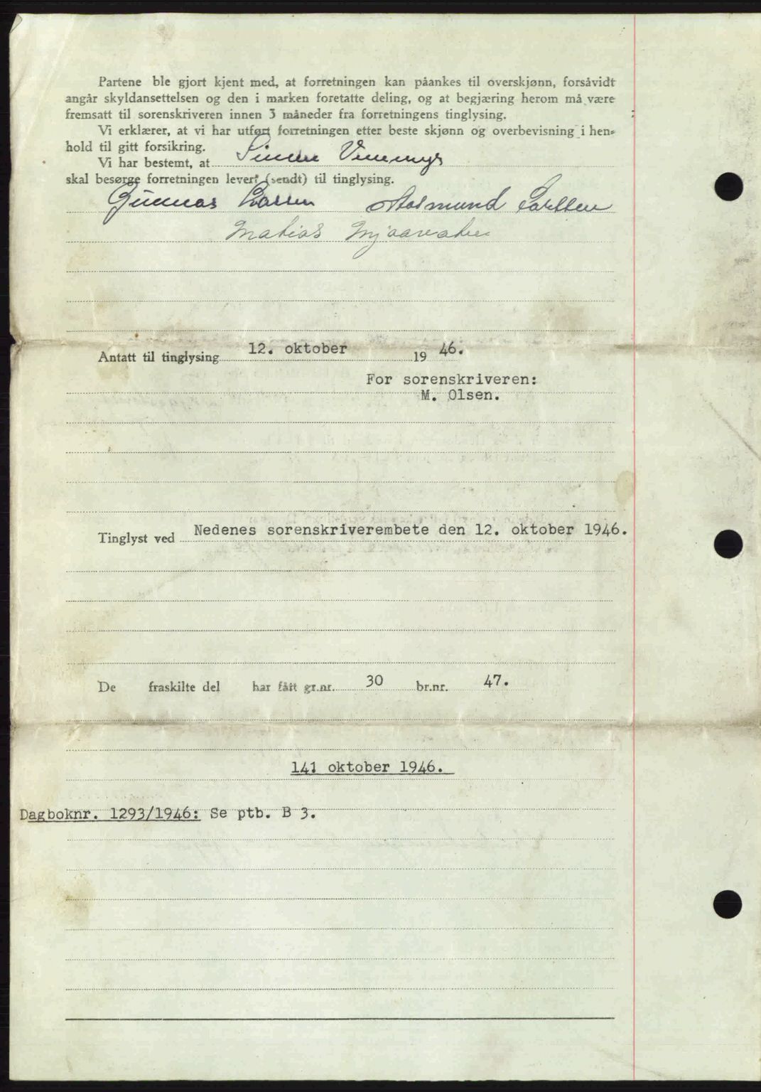 Nedenes sorenskriveri, AV/SAK-1221-0006/G/Gb/Gba/L0056: Mortgage book no. A8, 1946-1947, Diary no: : 1292/1946